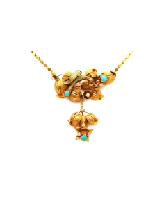 Collier Napoléon III en or jaune 18 carats serti de turquoises et de perles - 1