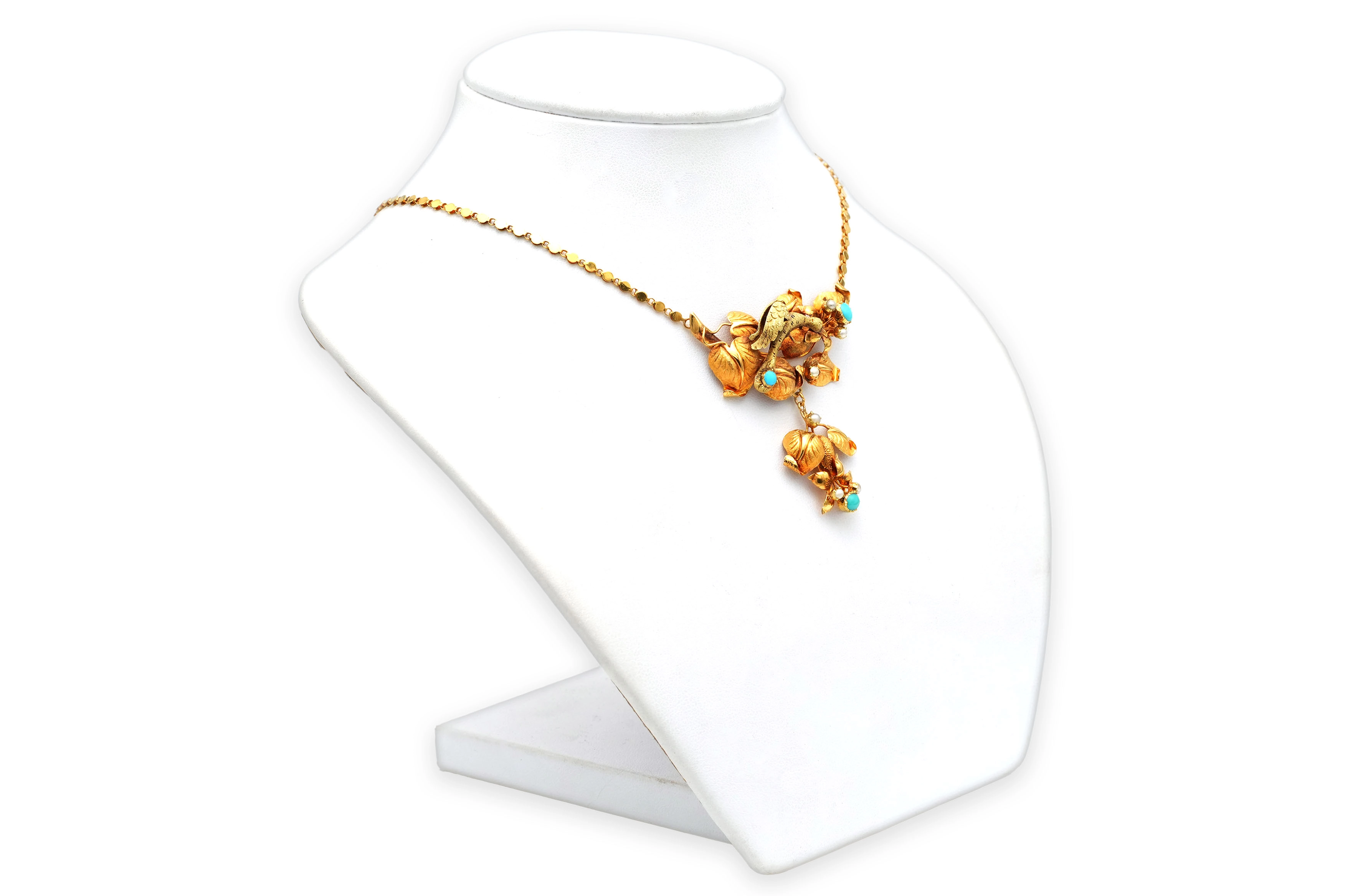 Collier Napoléon III en or jaune 18 carats serti de turquoises et de perles - 3