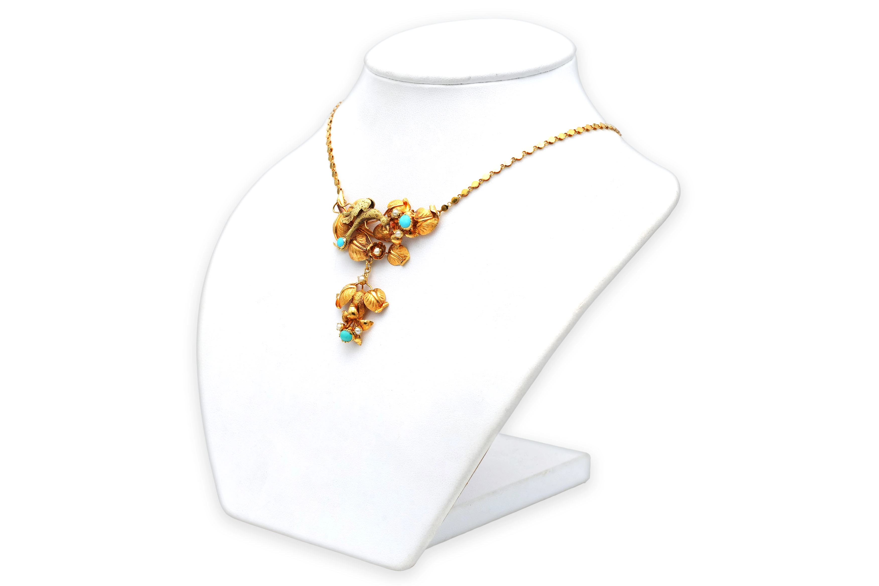 Collier Napoléon III en or jaune 18 carats serti de turquoises et de perles - 4