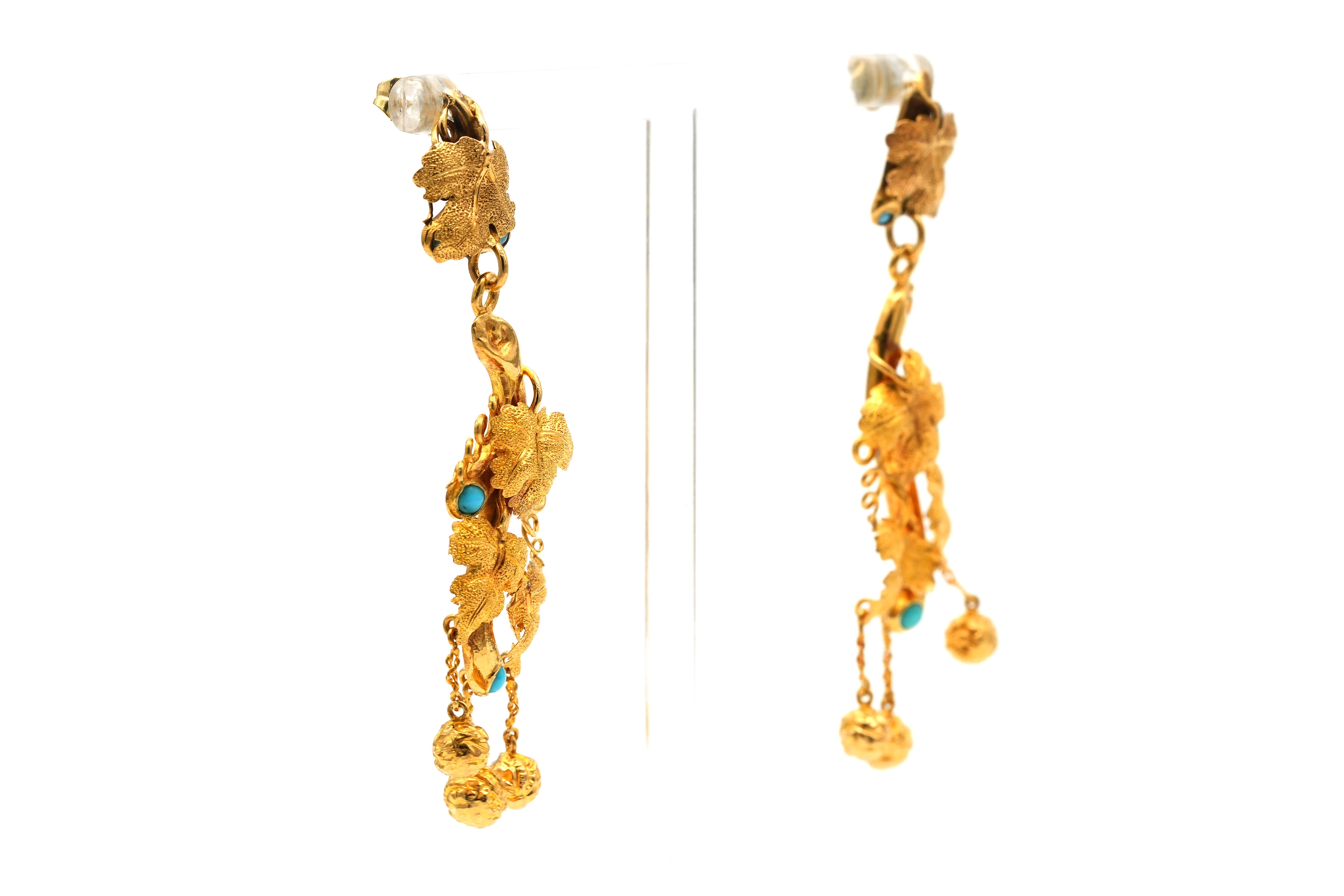 Boucles d'oreilles Napoléon III en or jaune 14 carats serties de turquoises - 2