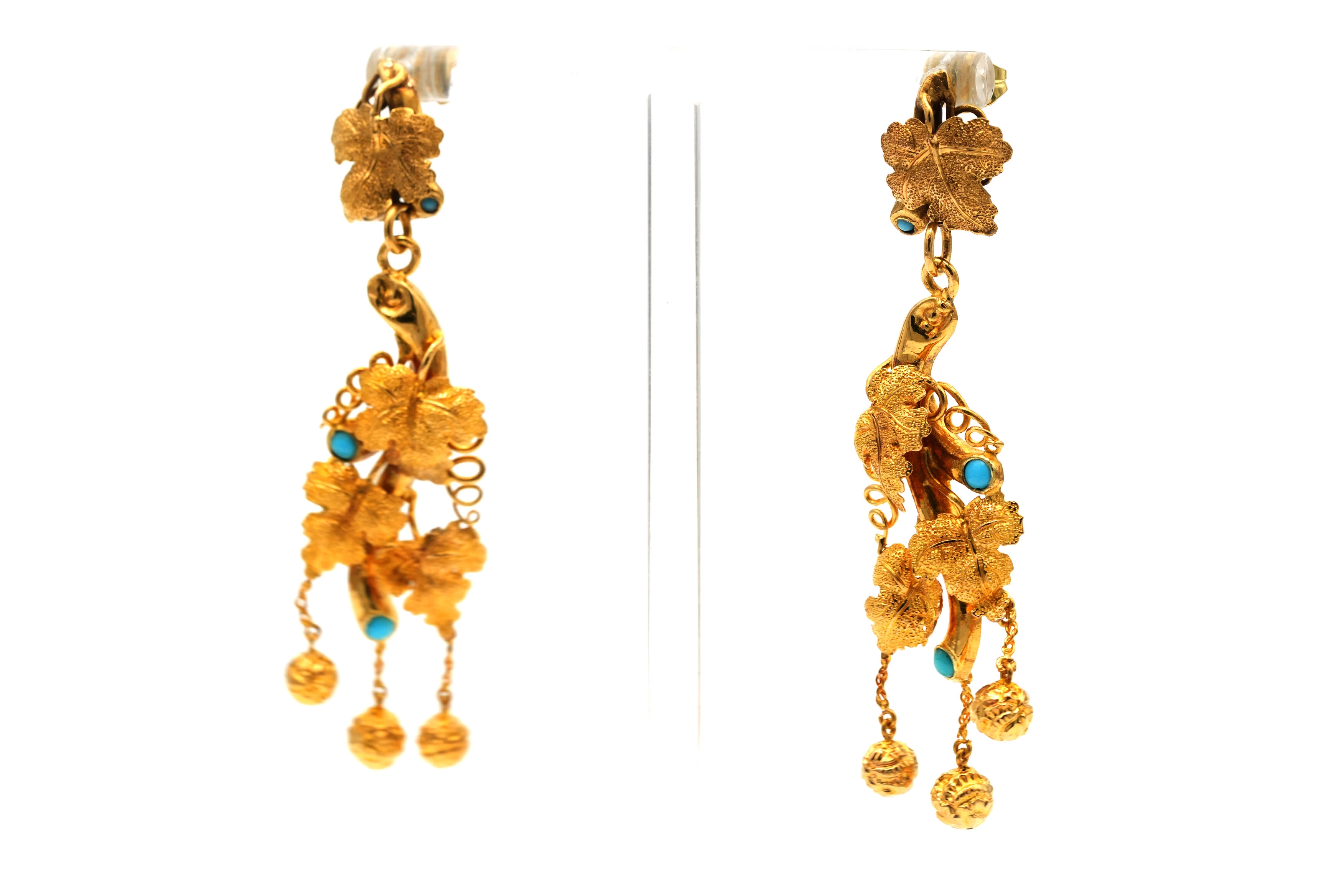 Boucles d'oreilles Napoléon III en or jaune 14 carats serties de turquoises - 6