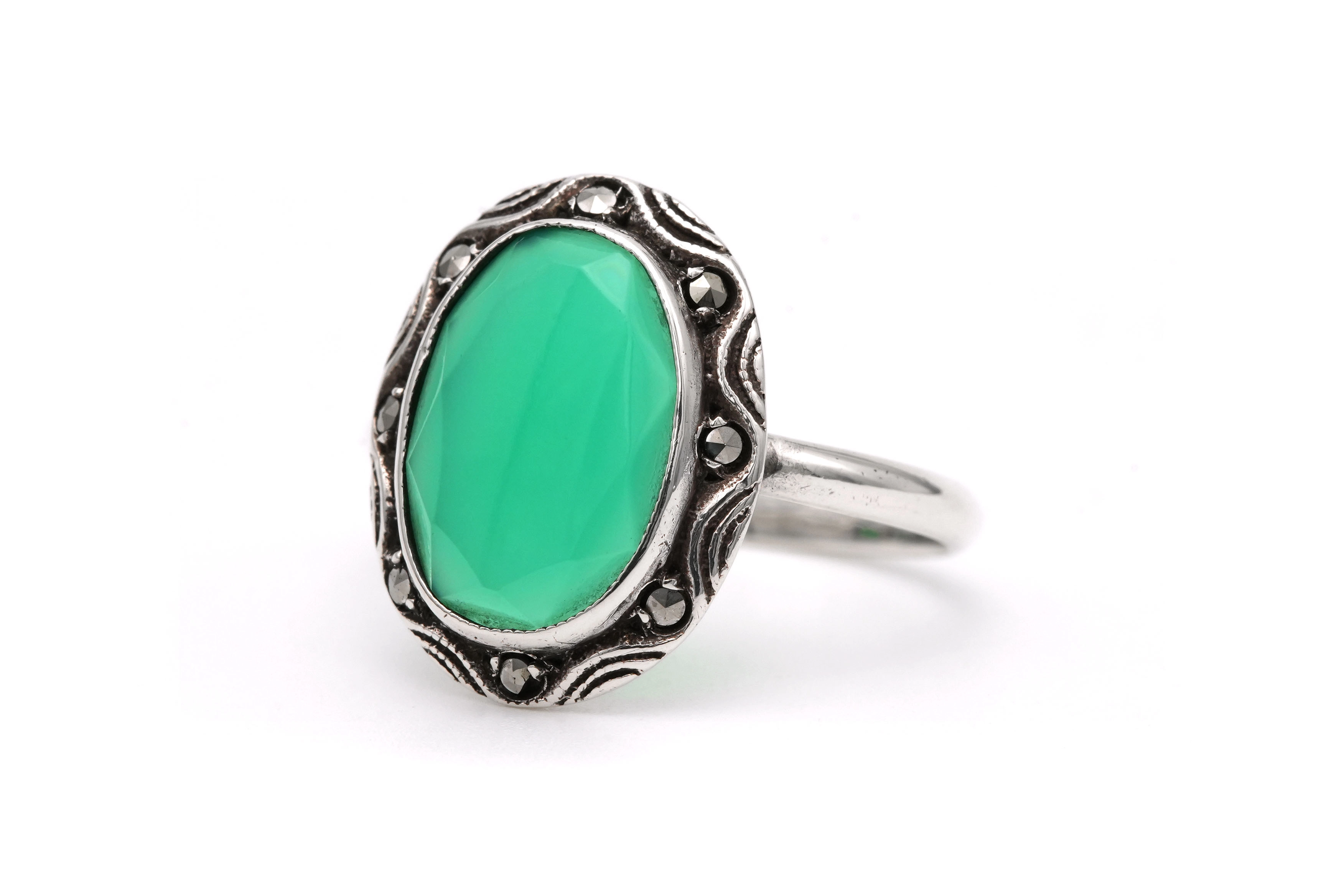 Bague Art Déco en argent sertie d'une chrysocolle et de marcassites - 2