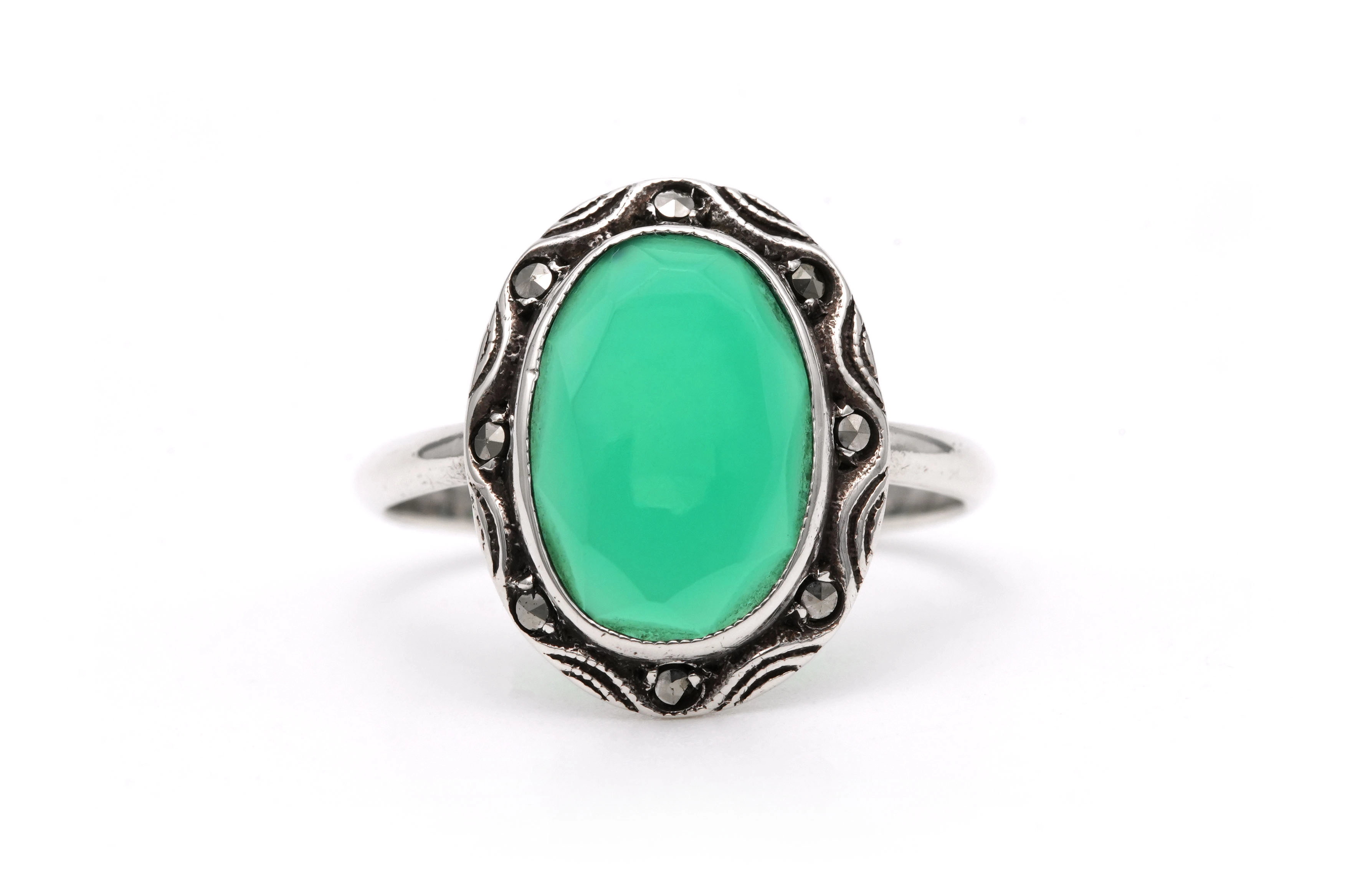 Bague Art Déco en argent sertie d'une chrysocolle et de marcassites - 1
