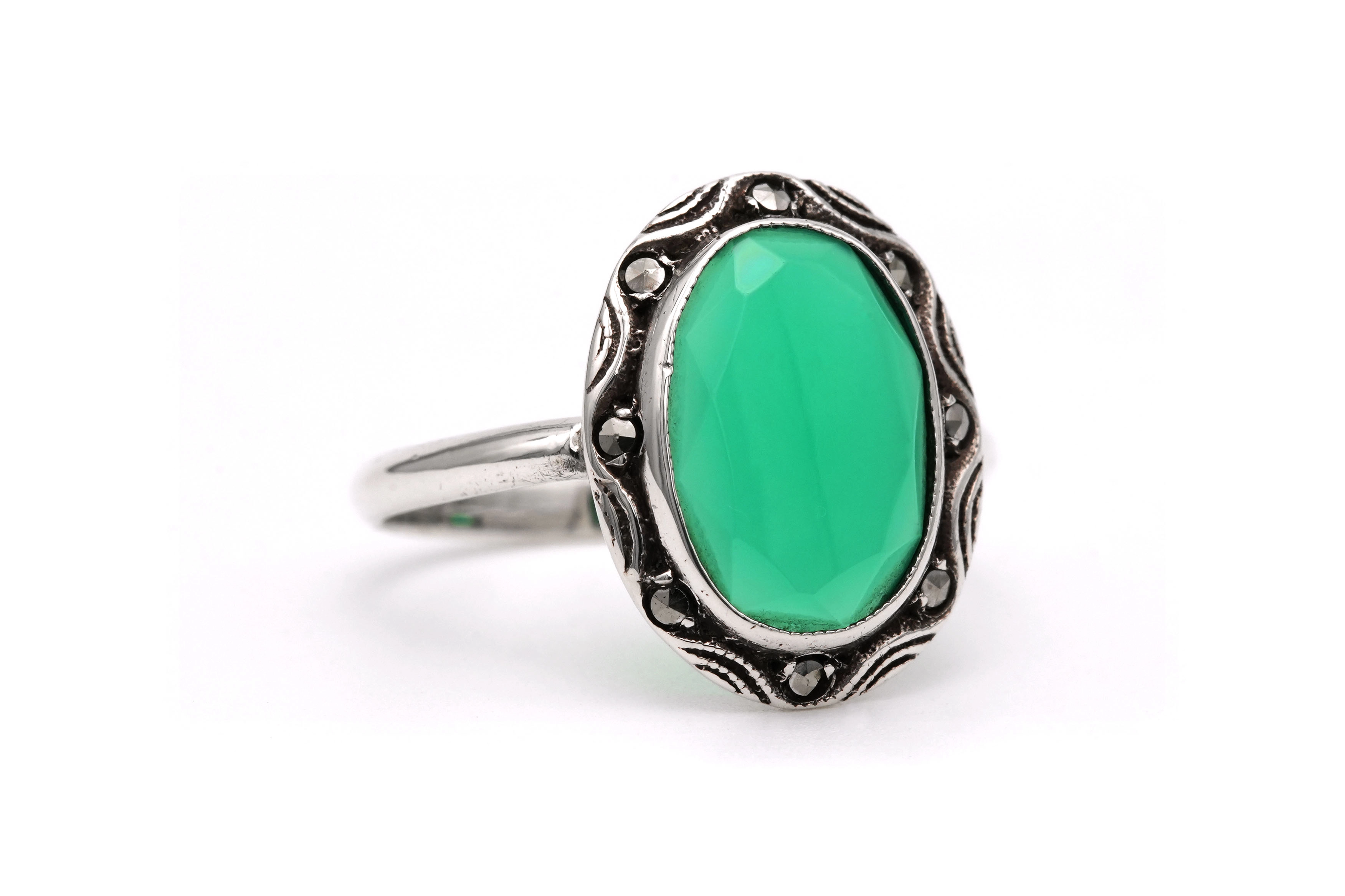 Bague Art Déco en argent sertie d'une chrysocolle et de marcassites - 6