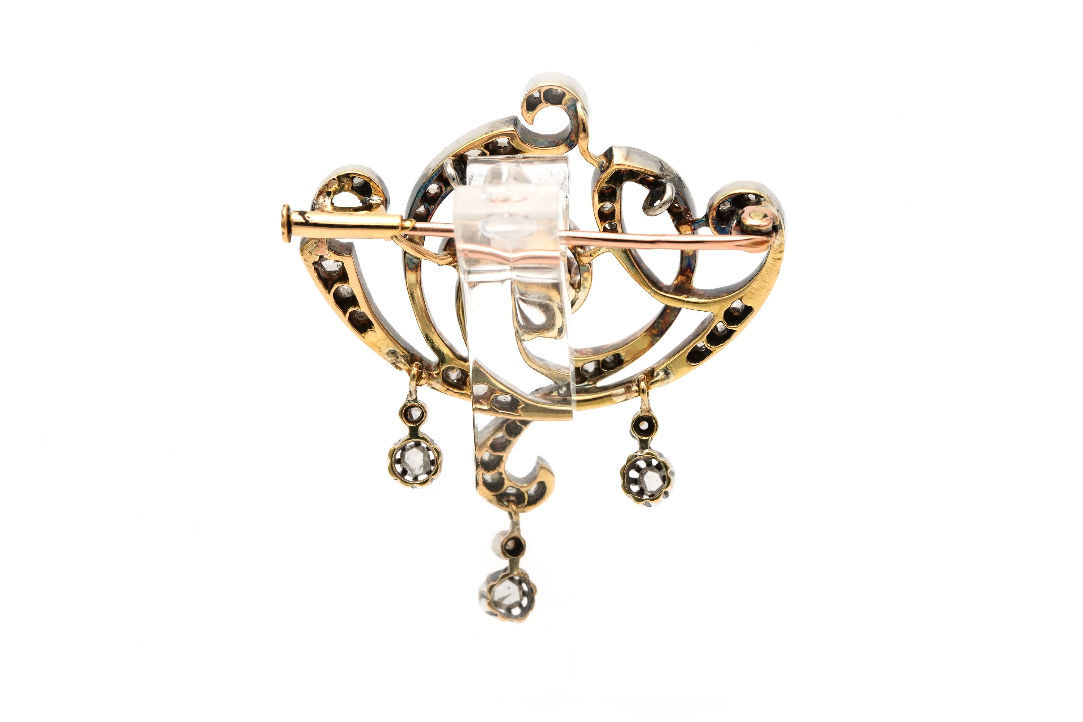 Broche Art Nouveau en or jaune 18 carats et argent sertie de diamants taille "rose" et d'un diamant taille "Old cut" - 4
