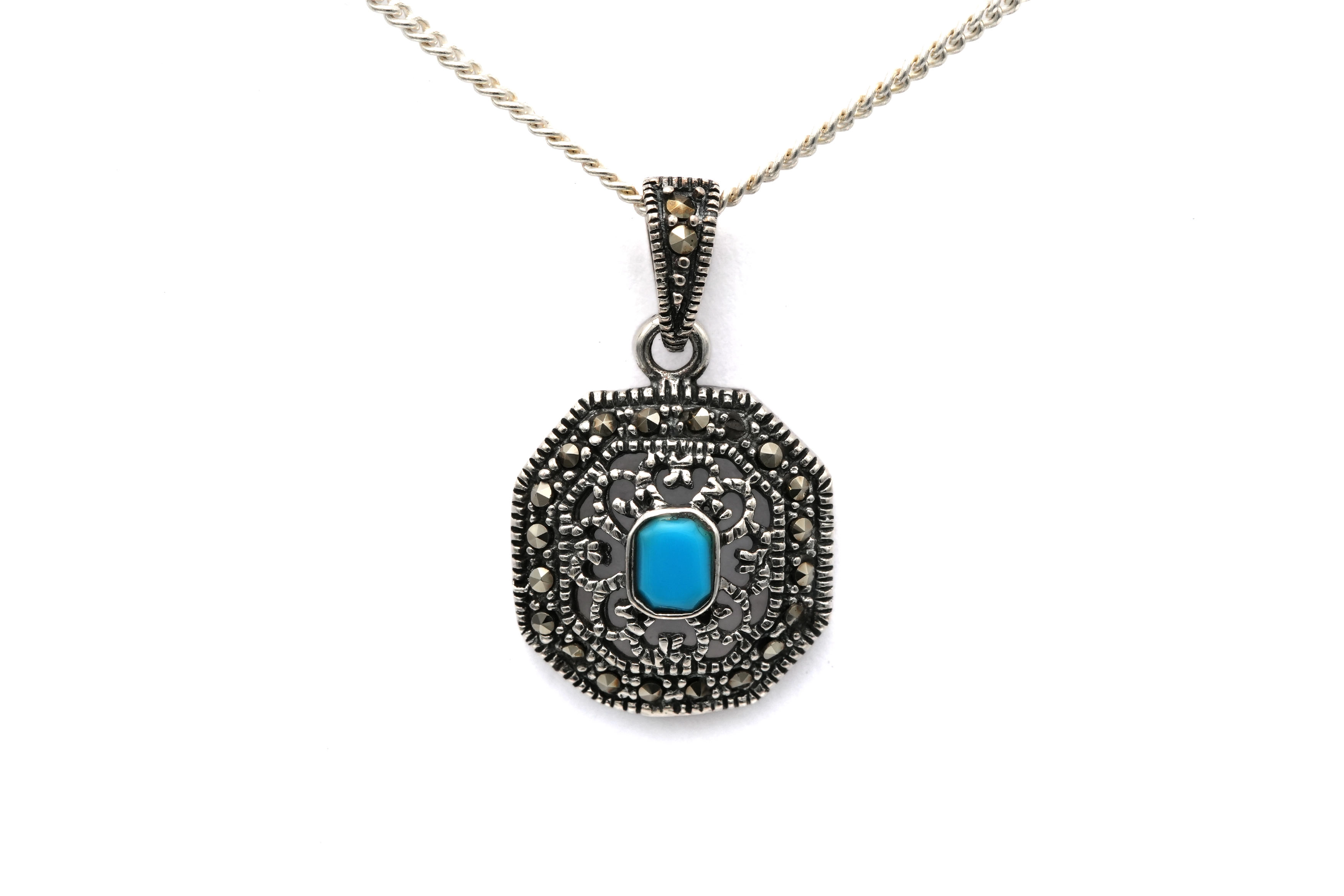 Pendentif contemporain en argent 925 serti d'une turquoise et de marcassites - 1
