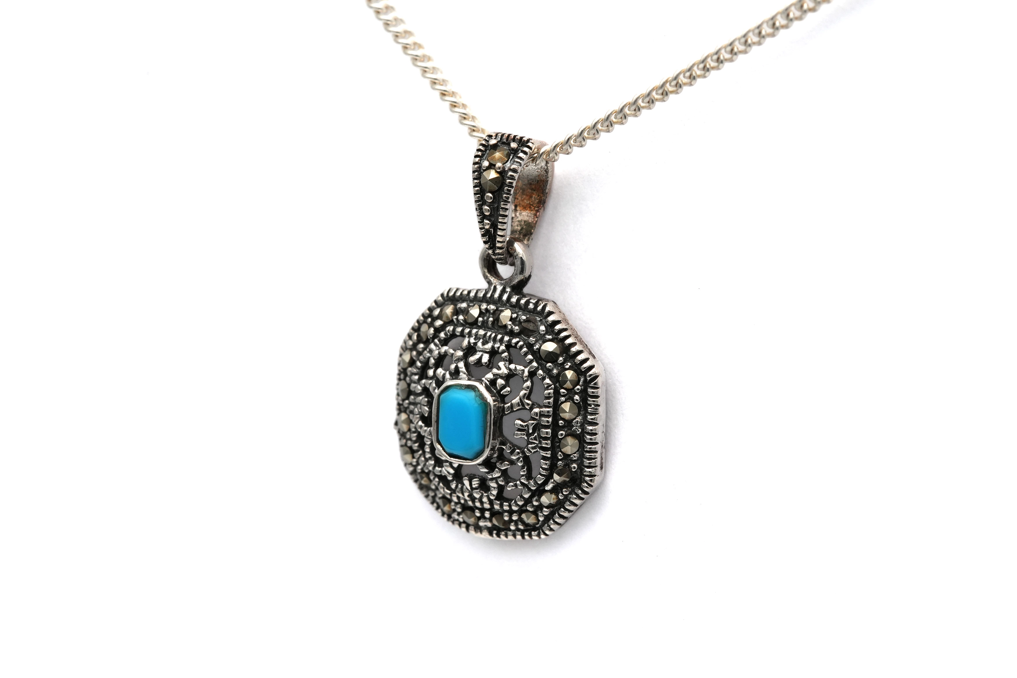 Pendentif contemporain en argent 925 serti d'une turquoise et de marcassites - 2