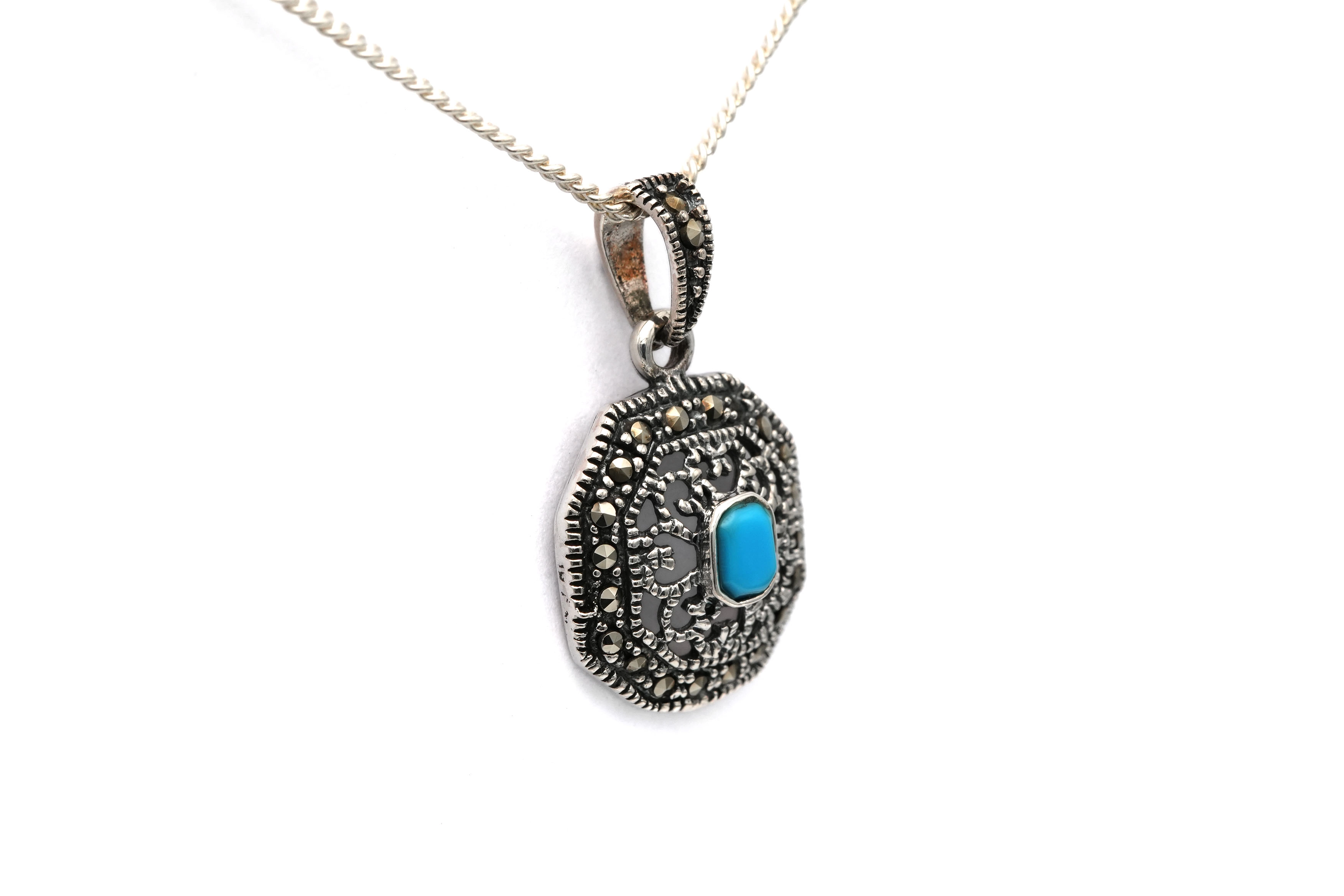 Pendentif contemporain en argent 925 serti d'une turquoise et de marcassites - 3