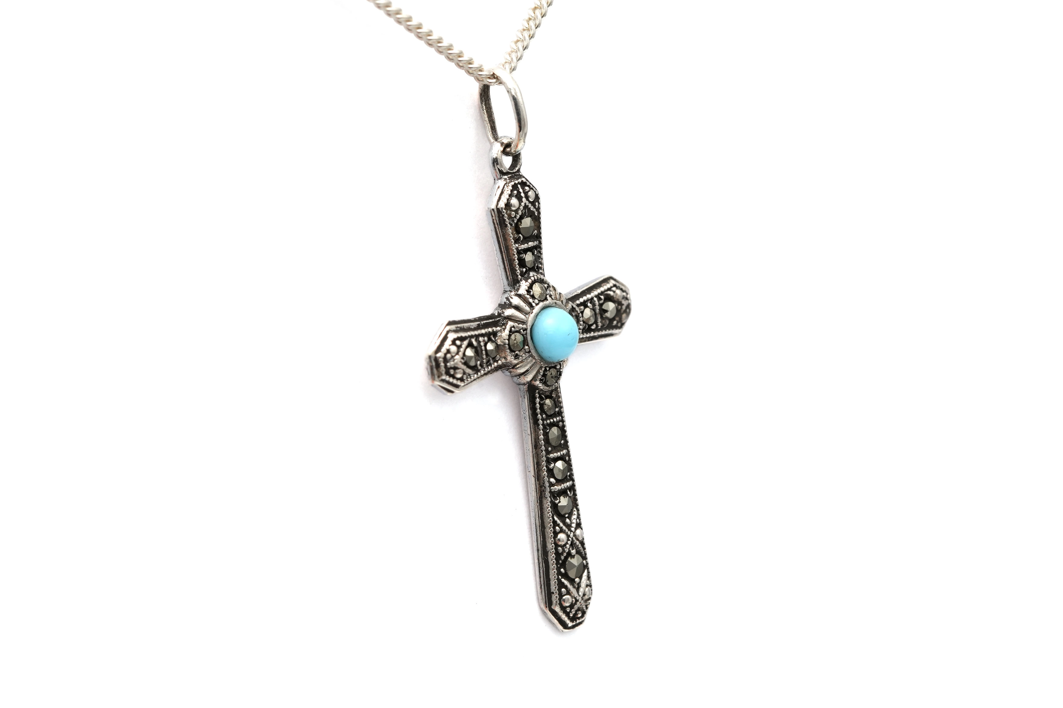 Pendentif Art Déco en argent 800 serti de marcassites et d'une turquoise - 1