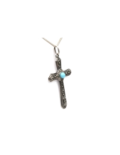 Pendentif Art Déco en argent 800 serti de marcassites et d'une turquoise - 1