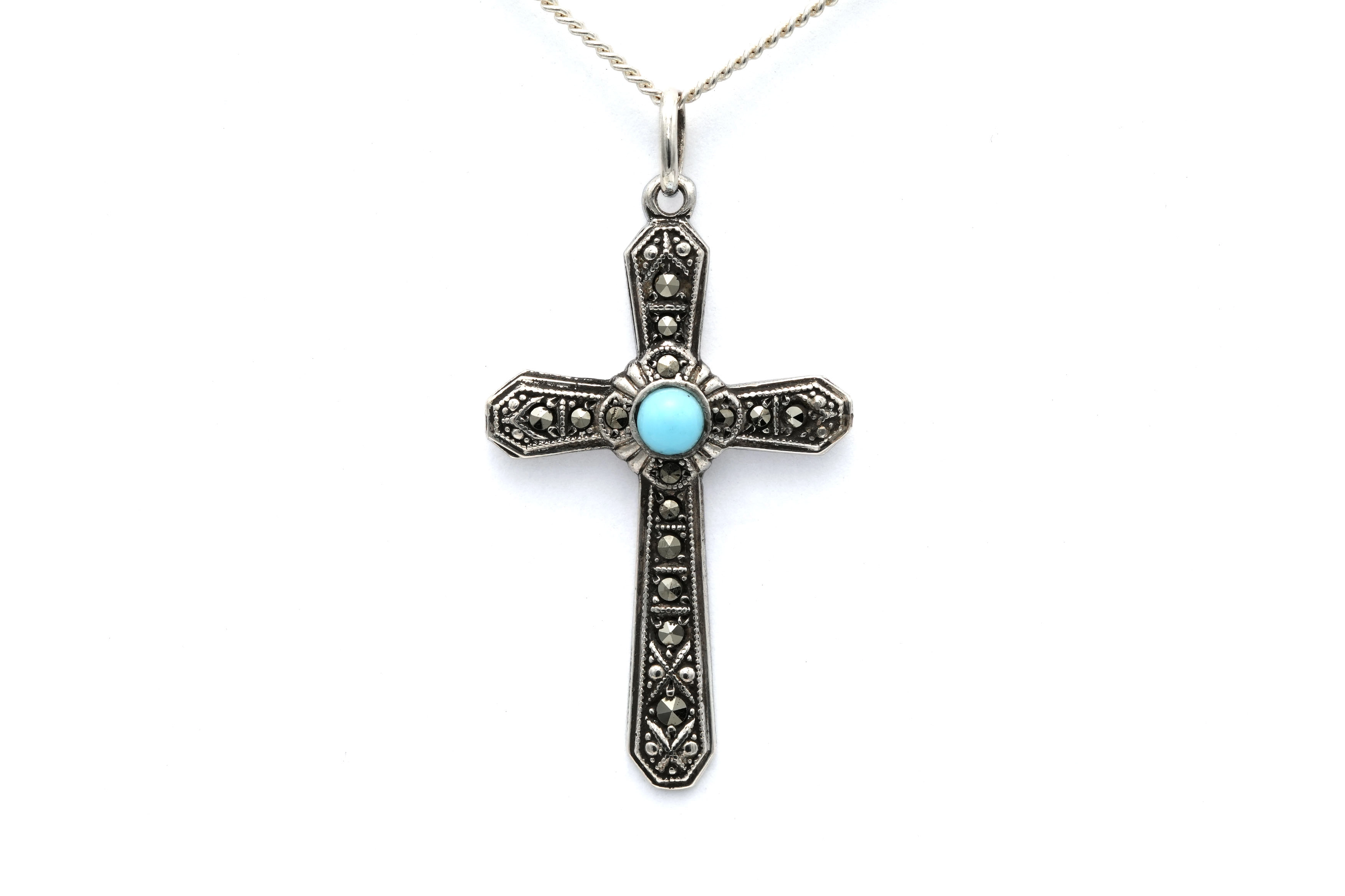 Pendentif Art Déco en argent 800 serti de marcassites et d'une turquoise - 2