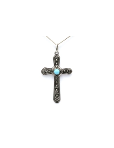 Pendentif Art Déco en argent 800 serti de marcassites et d'une turquoise - 2