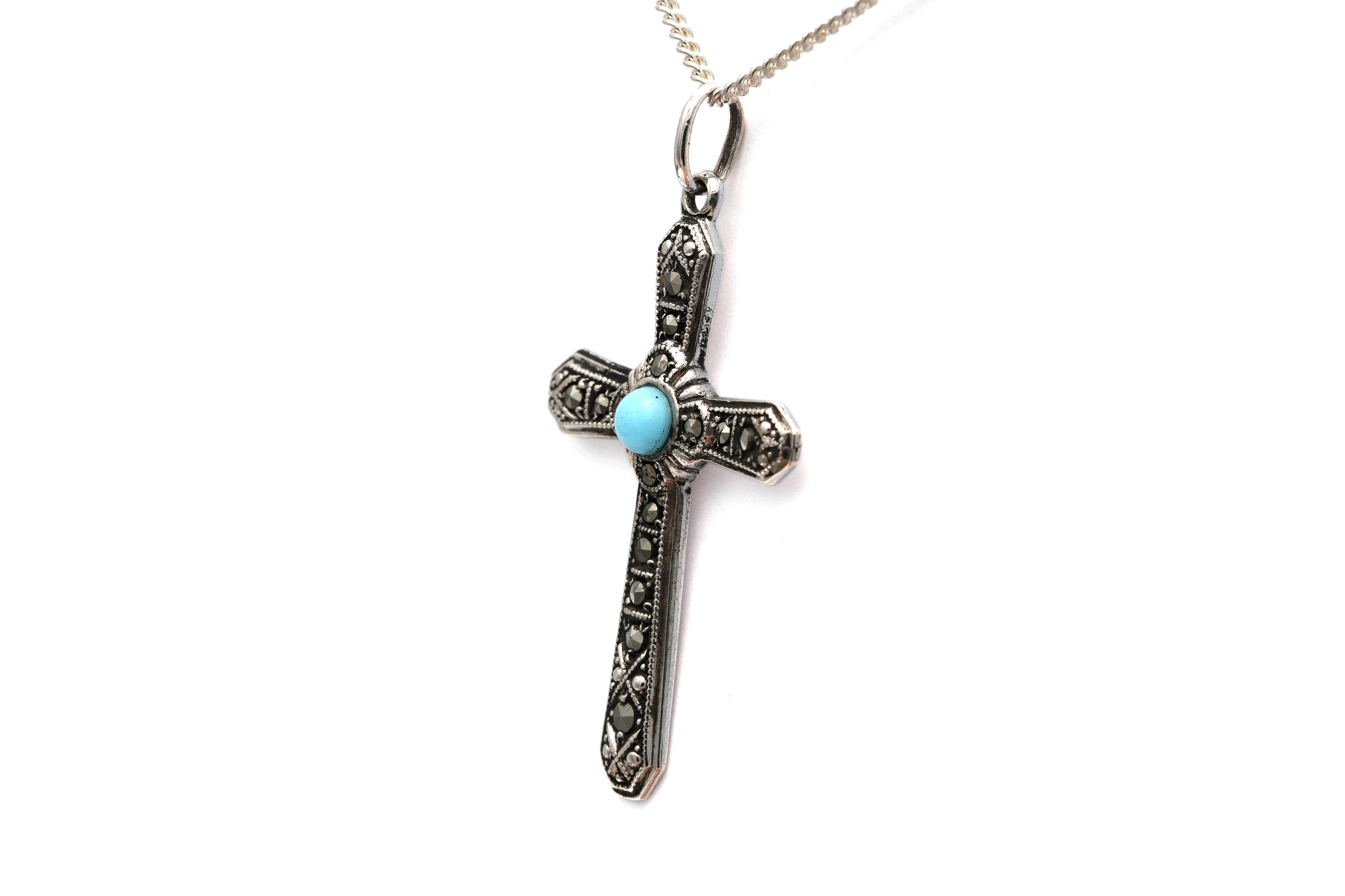 Pendentif Art Déco en argent 800 serti de marcassites et d'une turquoise - 3