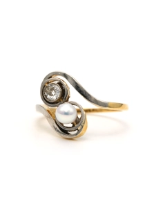 Bague Art Nouveau en or blanc et jaune 18 carats sertie d'une perle et de diamants old cut - 1