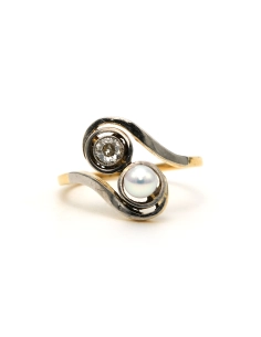 Bague Art Nouveau en or blanc et jaune 18 carats sertie d'une perle et de diamants old cut - 2