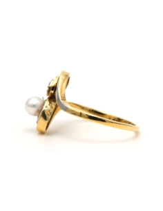 Bague Art Nouveau en or blanc et jaune 18 carats sertie d'une perle et de diamants old cut - 3