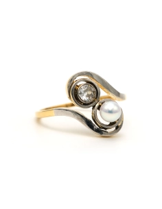 Bague Art Nouveau en or blanc et jaune 18 carats sertie d'une perle et de diamants old cut - 6
