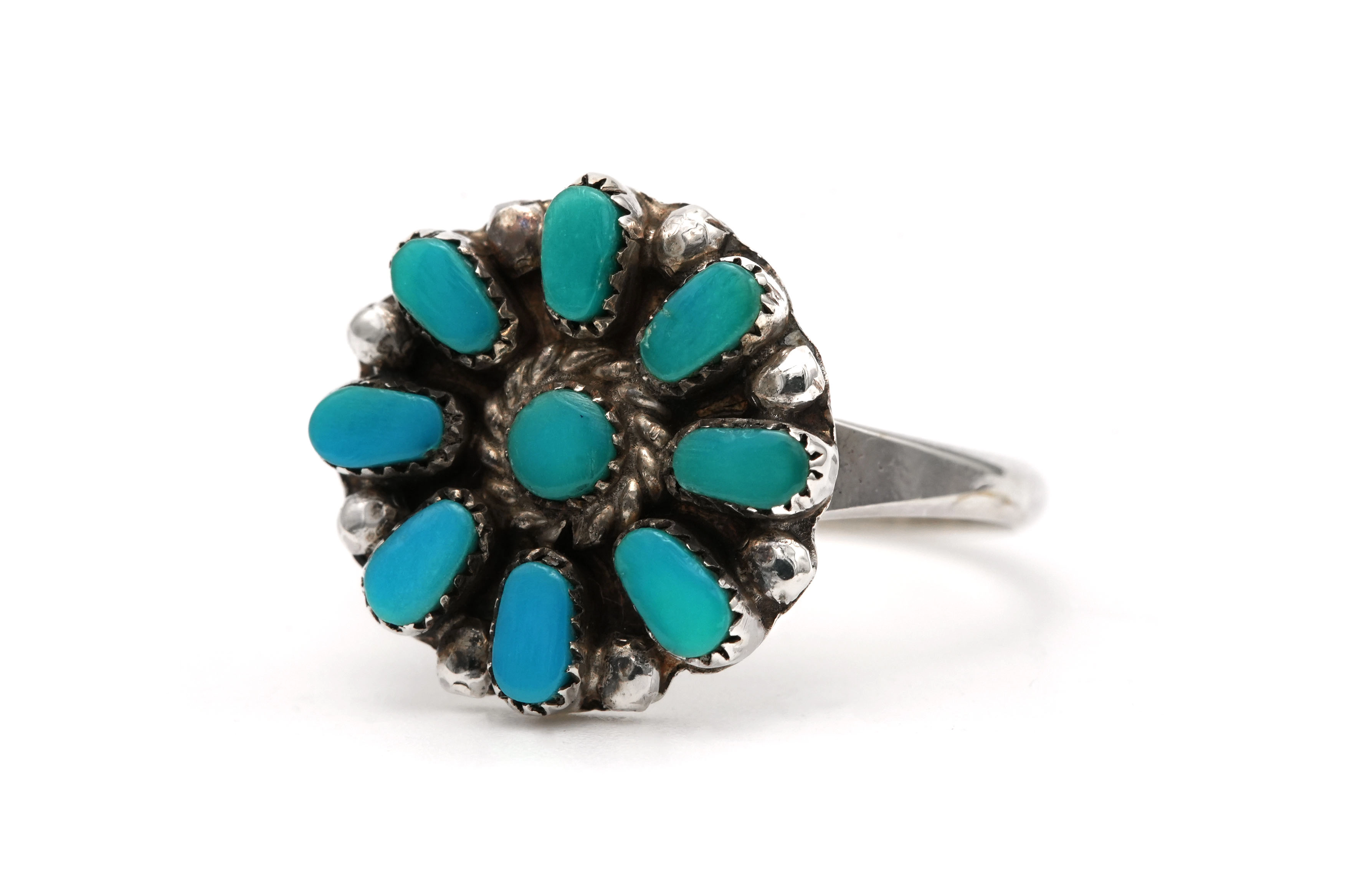 Bague Années 70 en argent sertie de turquoises - 2