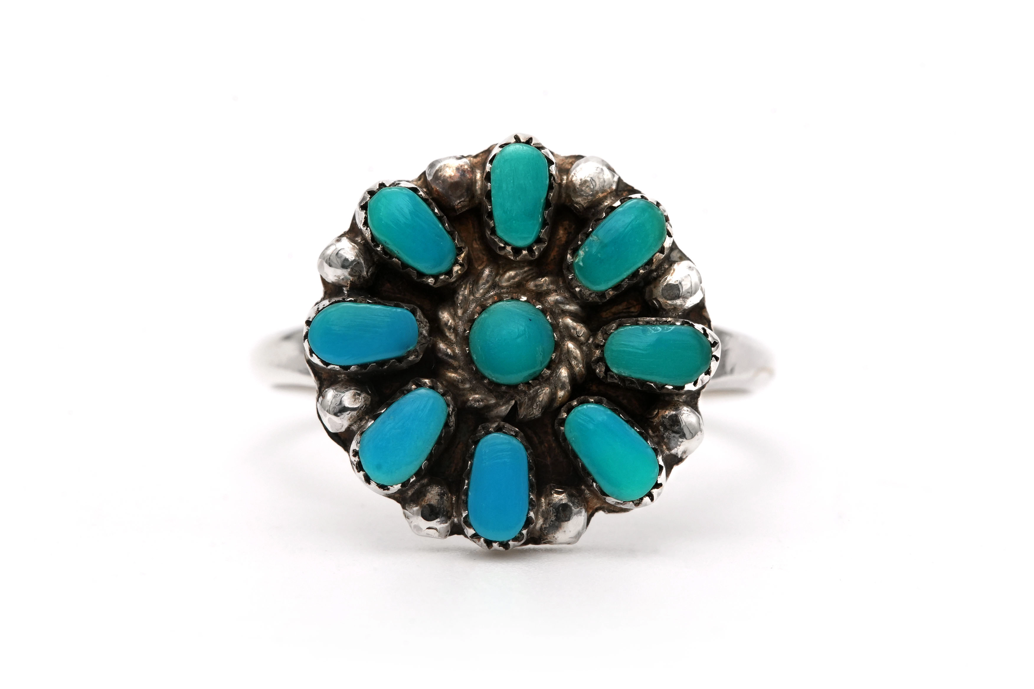 Bague Années 70 en argent sertie de turquoises - 1