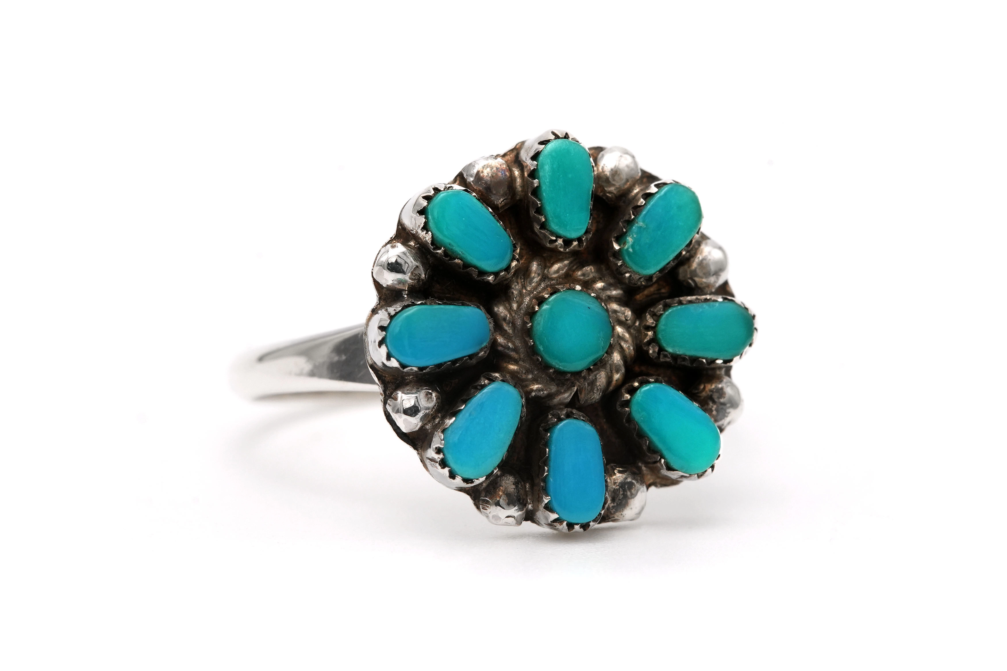 Bague Années 70 en argent sertie de turquoises - 6