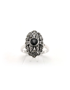 Bague Années 50' en argent 925 sertie d'une onyx et de marcassites - - 1