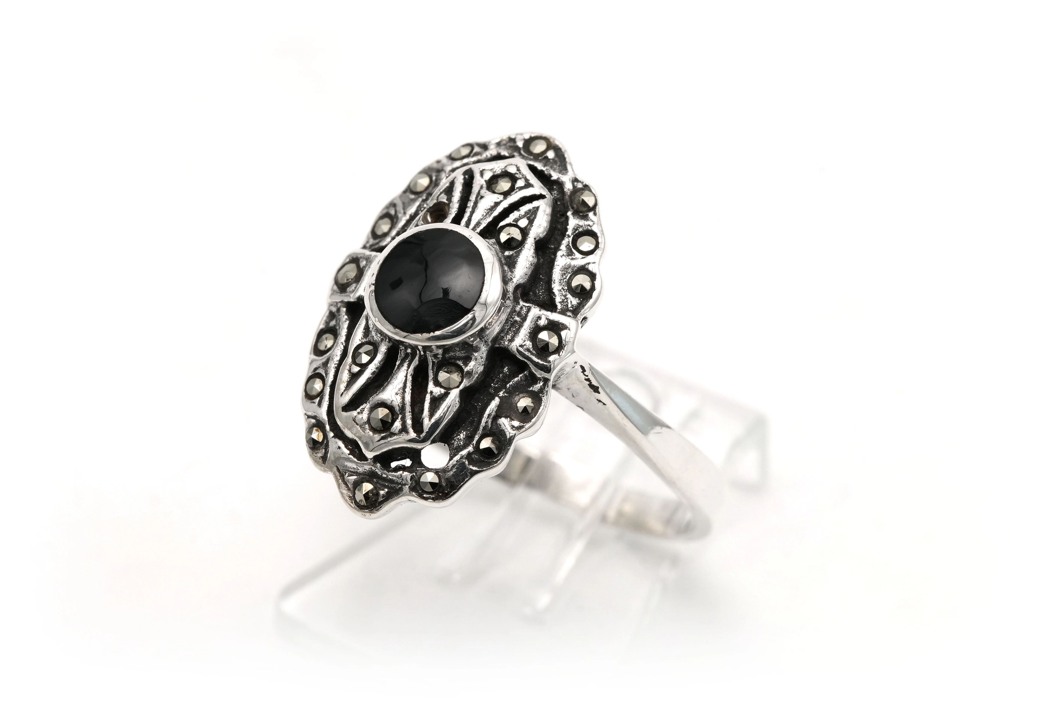 Bague Années 50' en argent 925 sertie d'une onyx et de marcassites - - 2