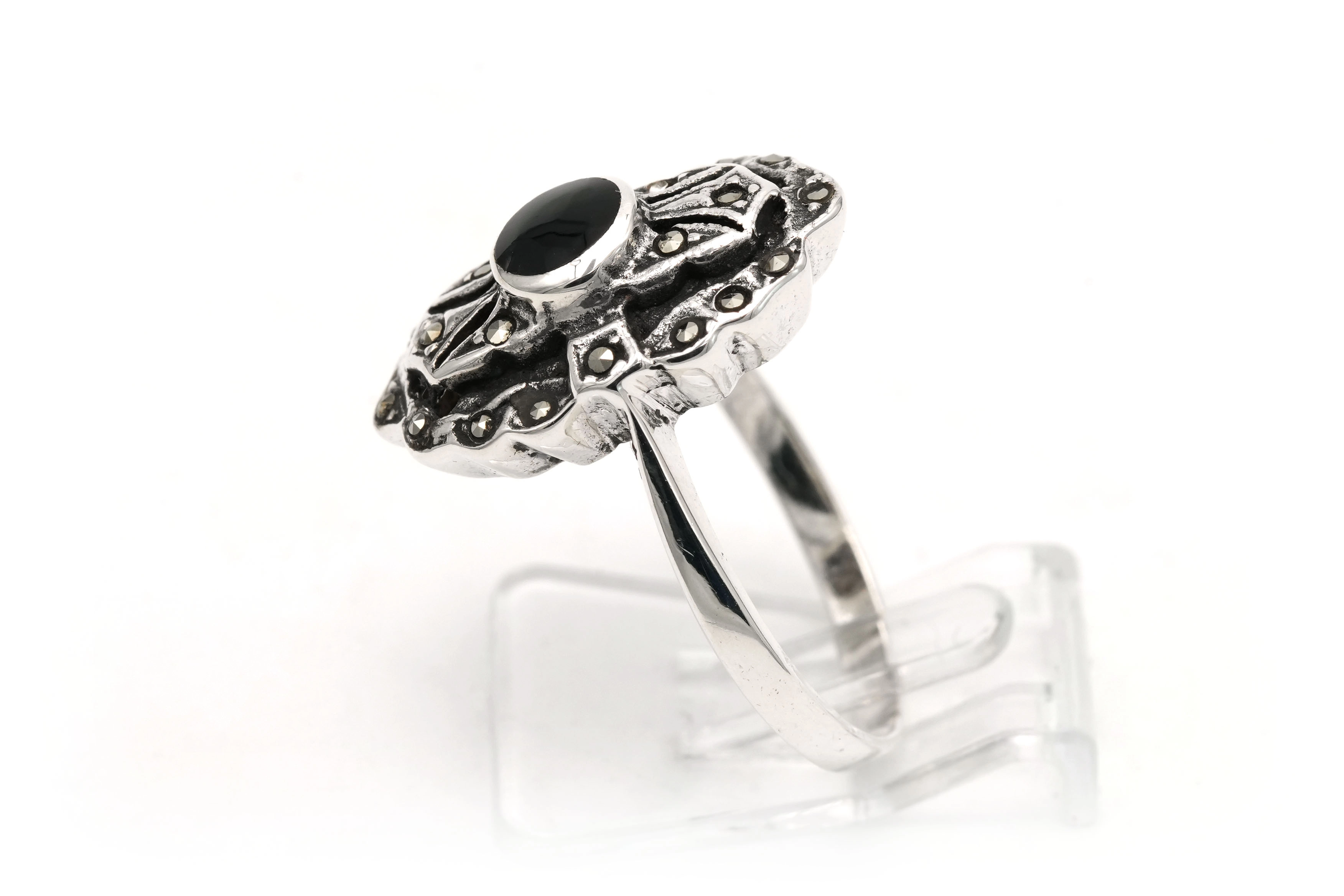 Bague Années 50' en argent 925 sertie d'une onyx et de marcassites - - 3