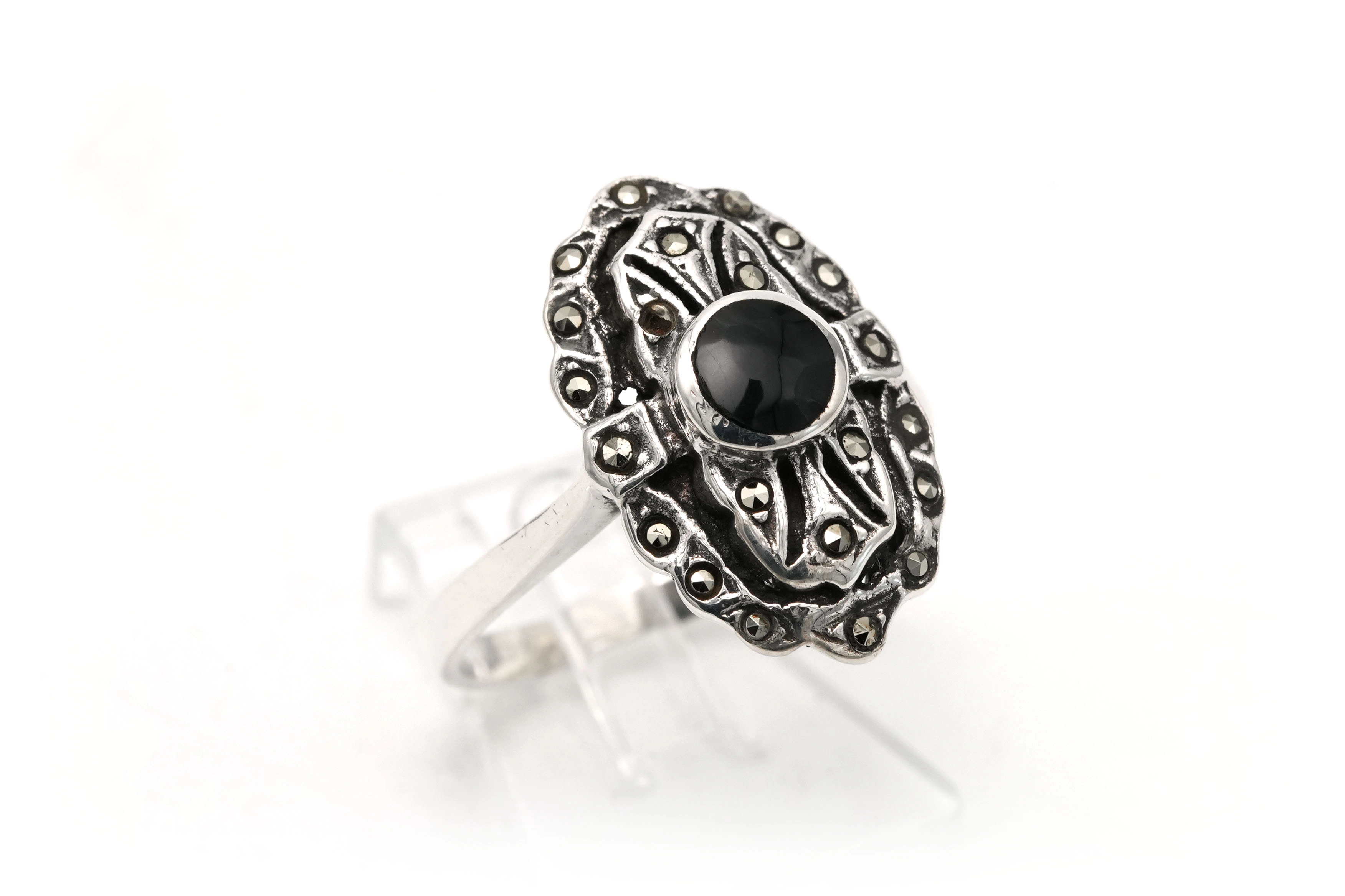 Bague Années 50' en argent 925 sertie d'une onyx et de marcassites - - 6