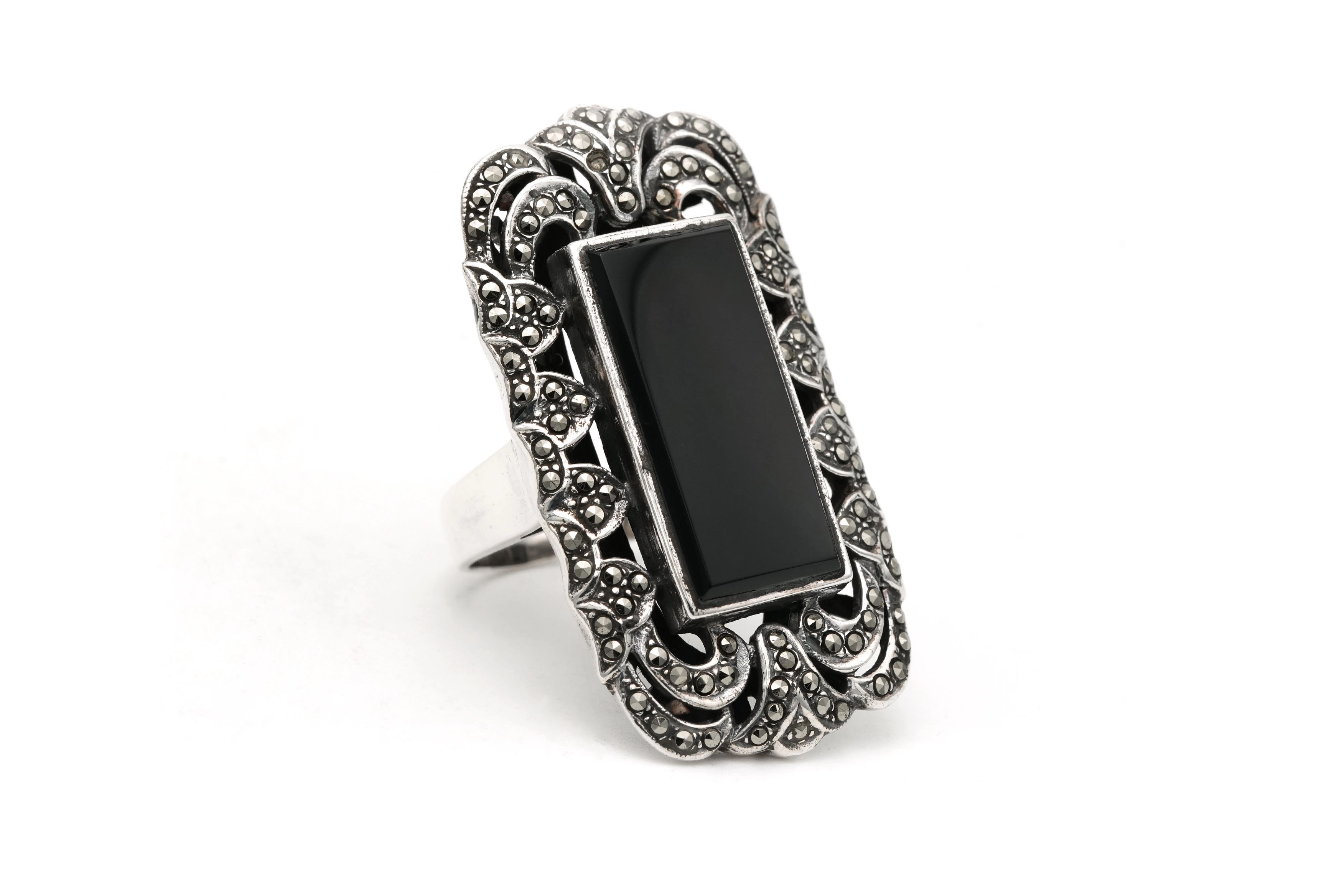 Bague Art Déco en argent sertie d'une onyx et de marcassites - - 6