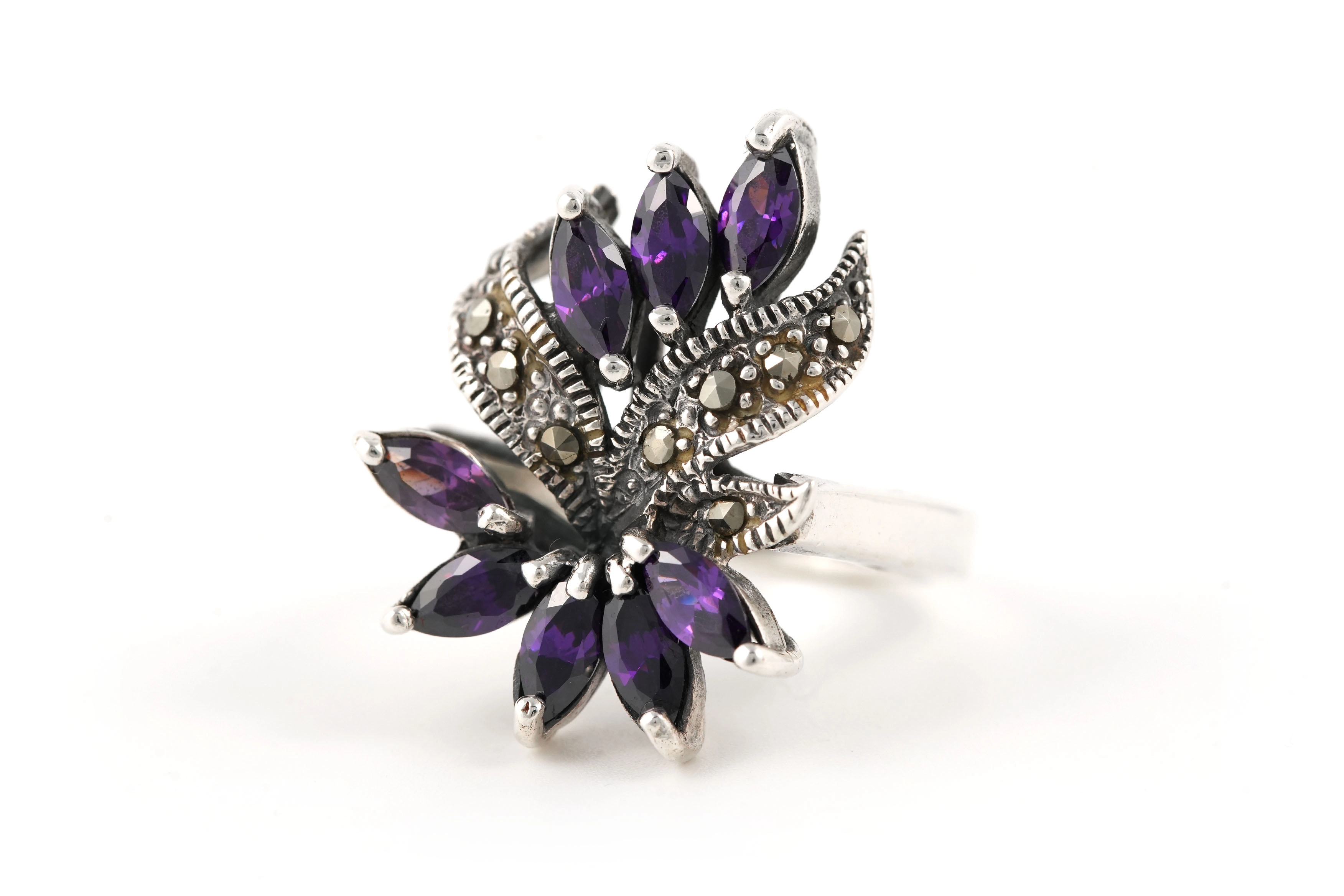 Bague contemporaine en argent 925 sertie de zirconiums et de marcassites - - 2