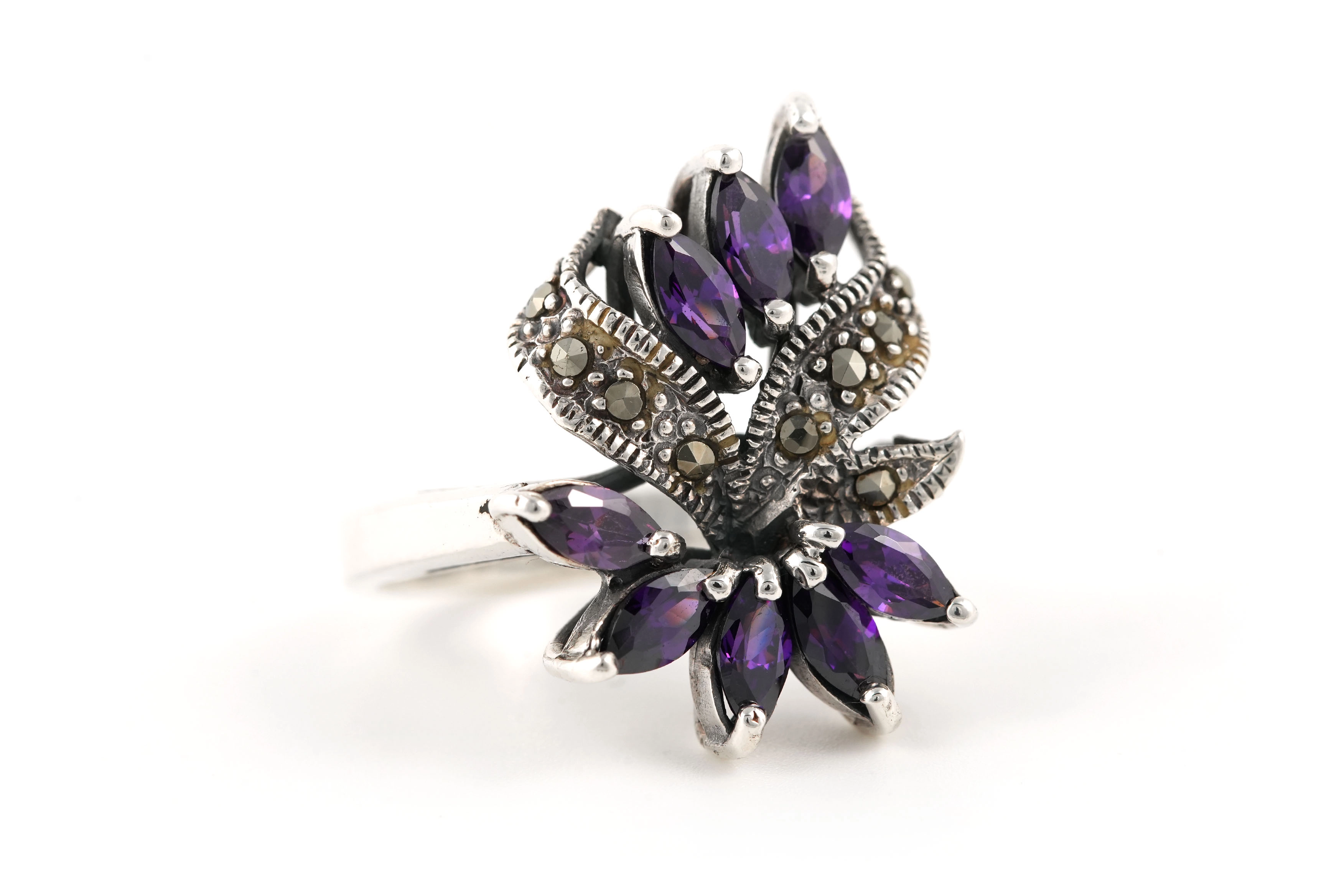 Bague contemporaine en argent 925 sertie de zirconiums et de marcassites - - 6