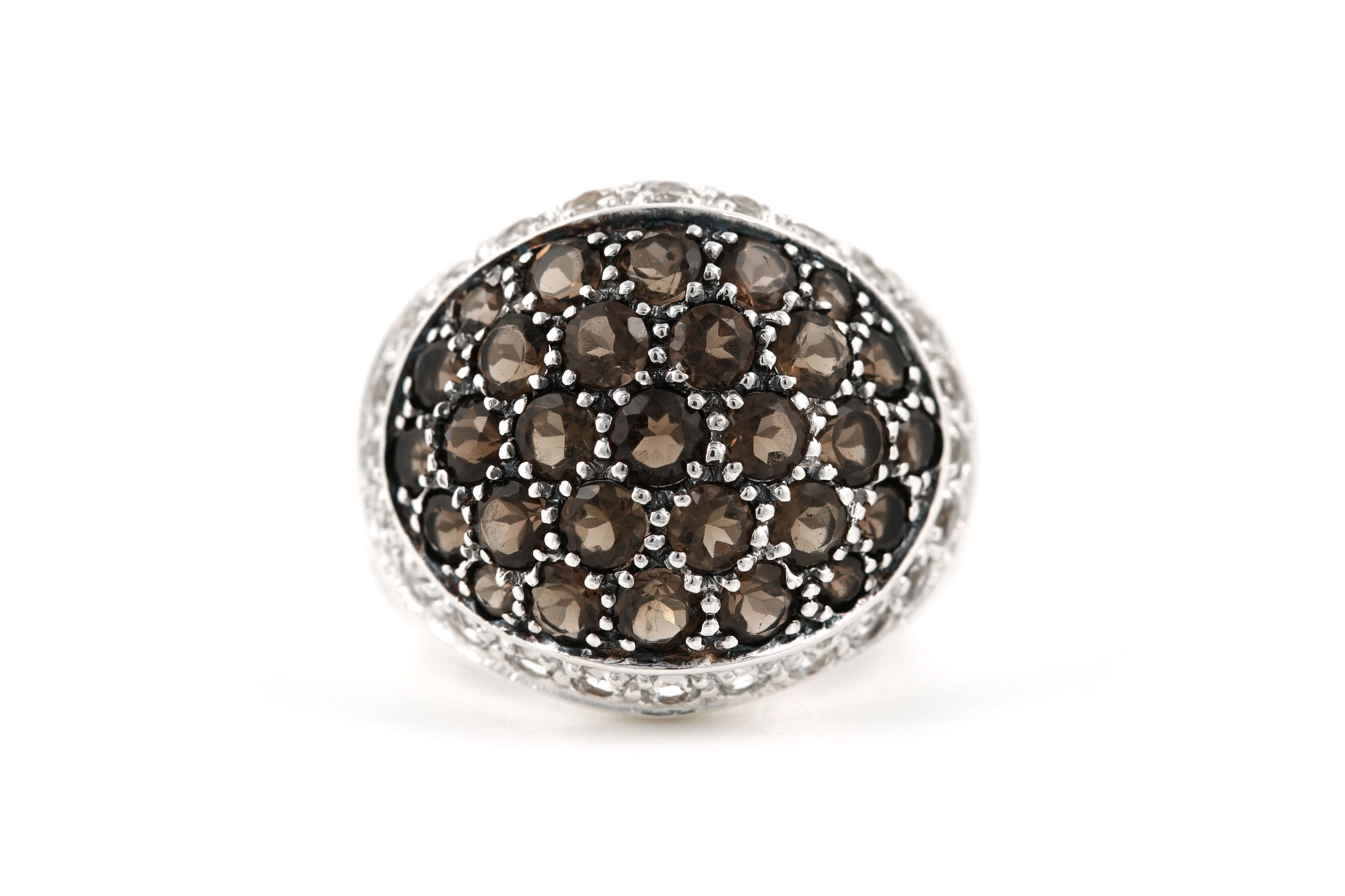Bague contemporaine en argent 925 sertie de quartz fumé et de strass - - 1