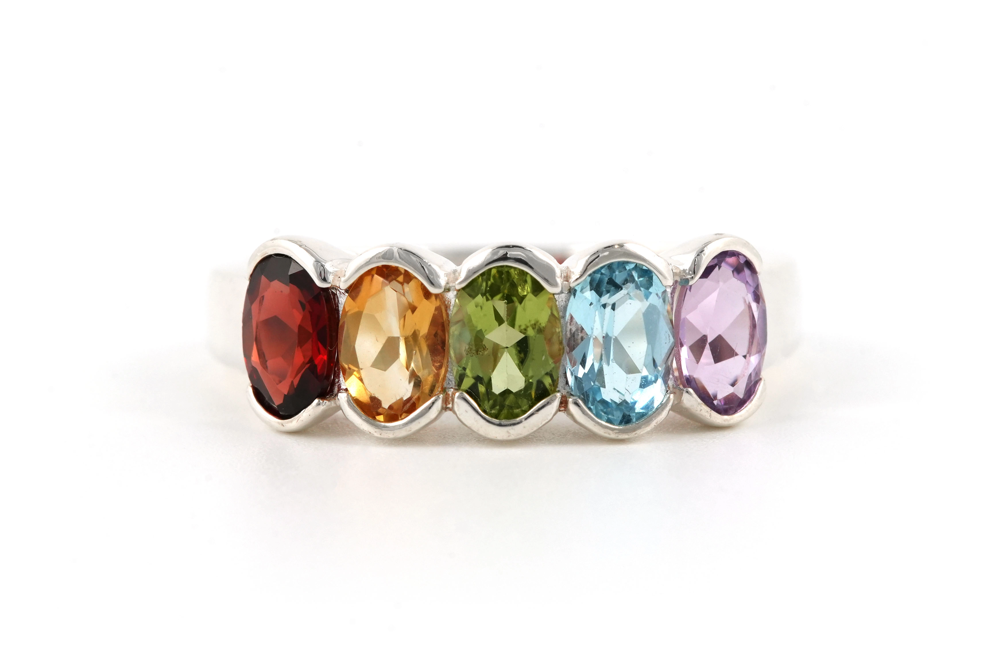 Bague contemporaine en argent 925 sertie d'une améthyste, une topaze, un péridot, une citrine et un grenat - - 1