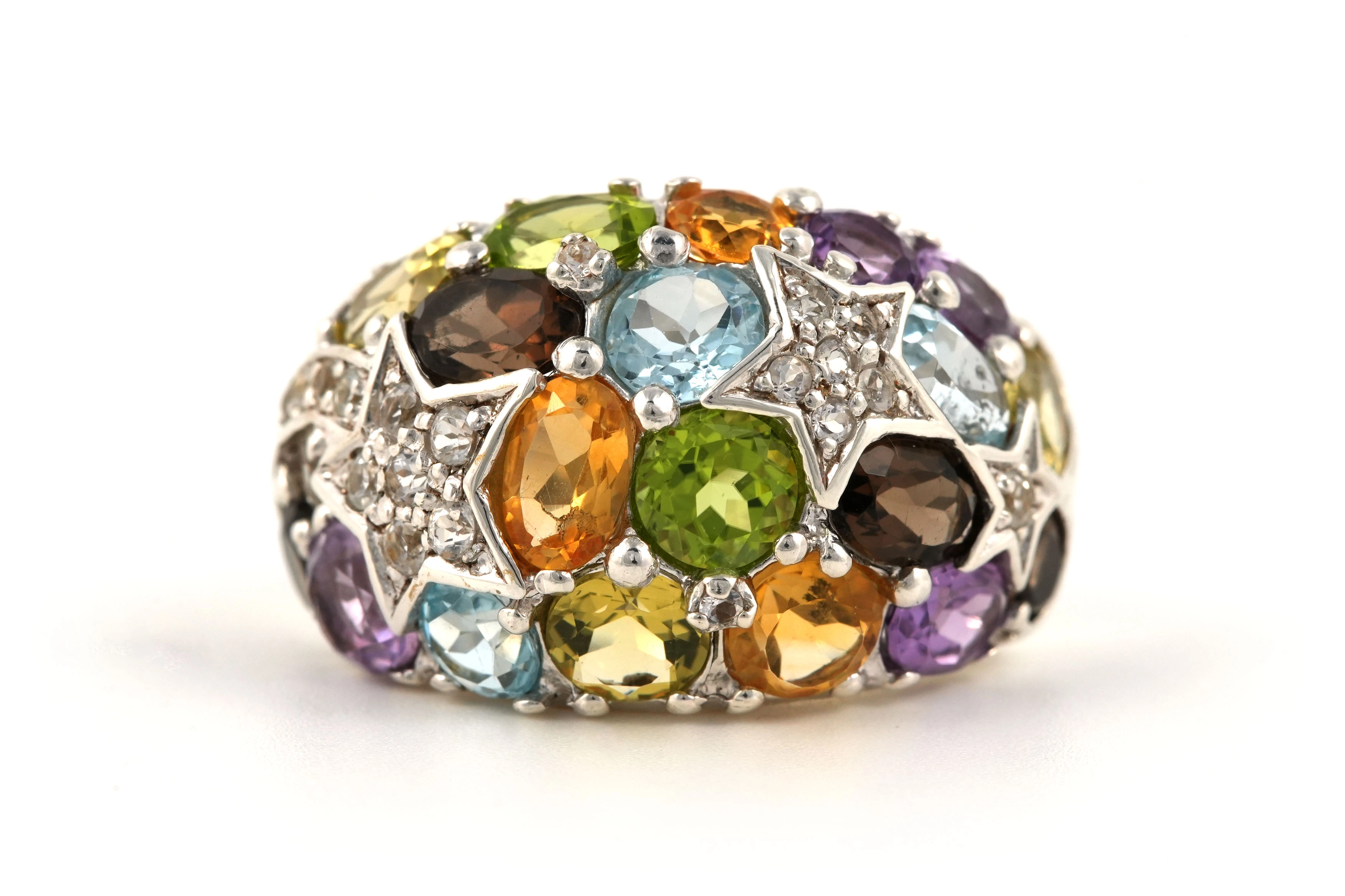 Bague contemporaine en argent 925 sertie d'une citrine, d'améthyste, de topaze, de quartz fumé, de péridot et zirconiums - - 1