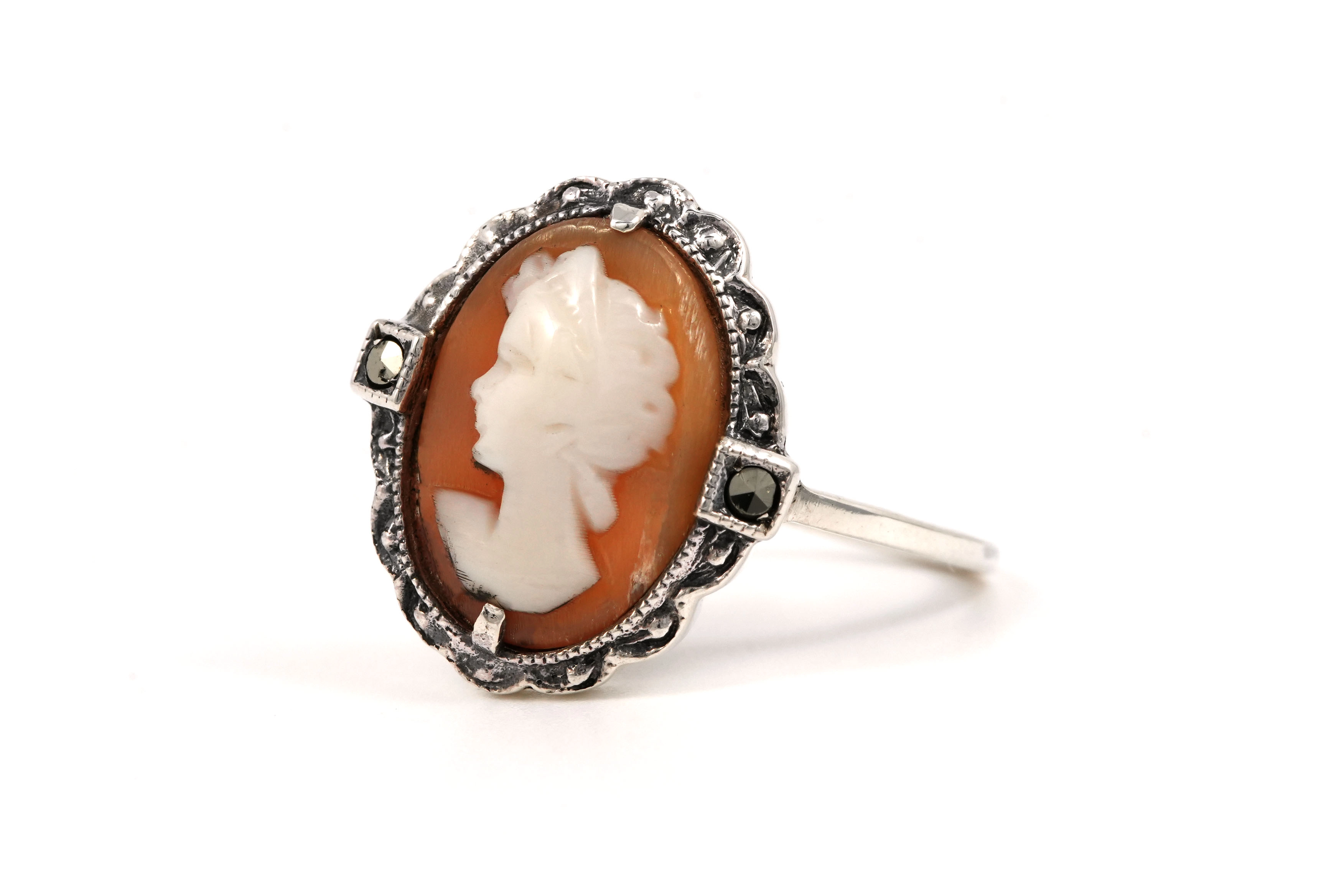 Bague Art Déco en argent 835 sertie d'un camée et de marcassites - - 2