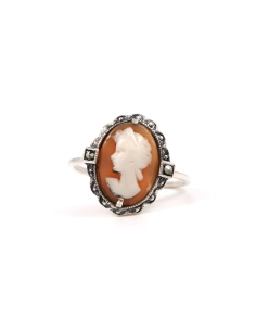 Bague Art Déco en argent 835 sertie d'un camée et de marcassites - - 1