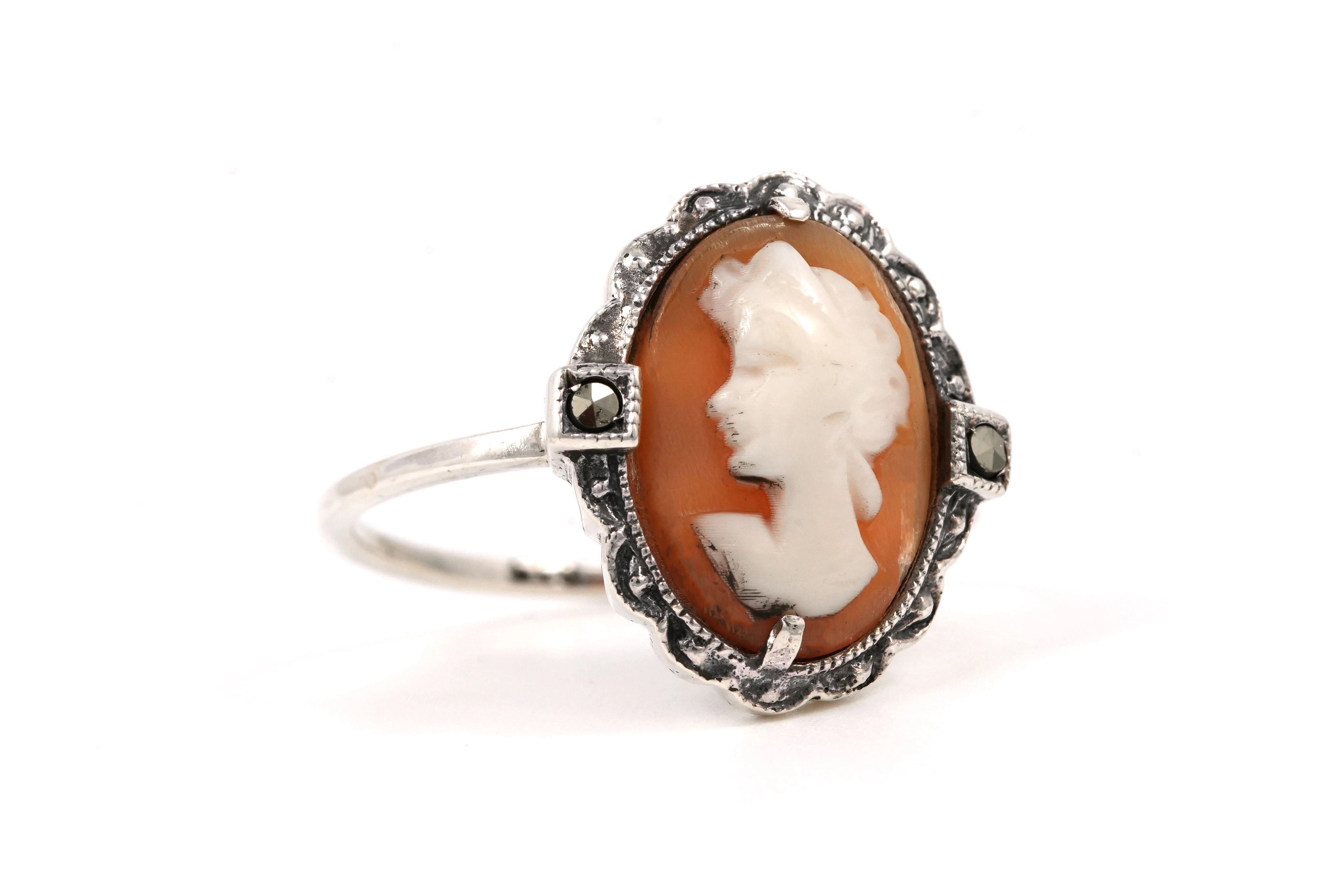 Bague Art Déco en argent 835 sertie d'un camée et de marcassites - - 6