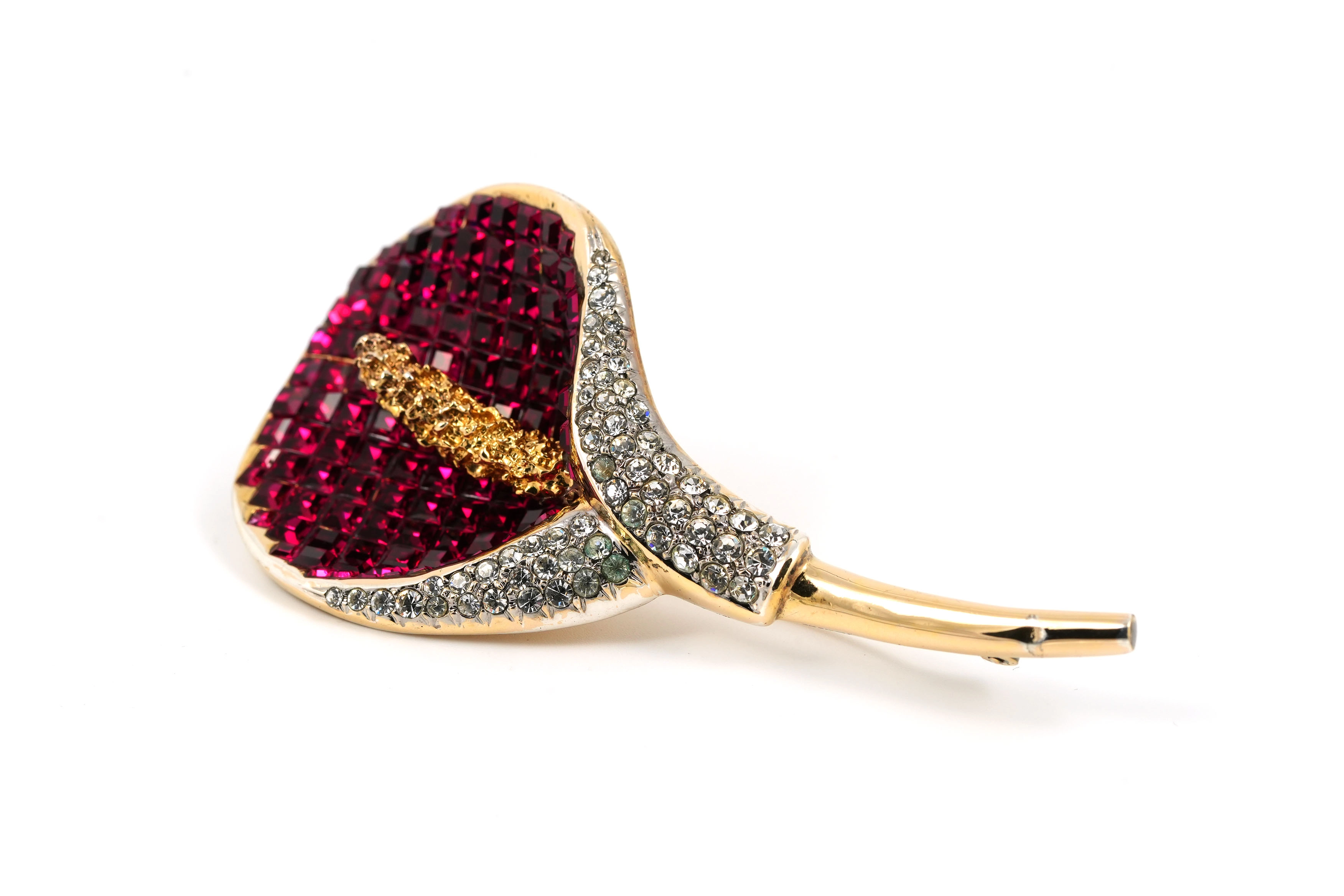Broche années 70 en argent (vermeil) sertie de strass et de rubis de synthèse - - 2