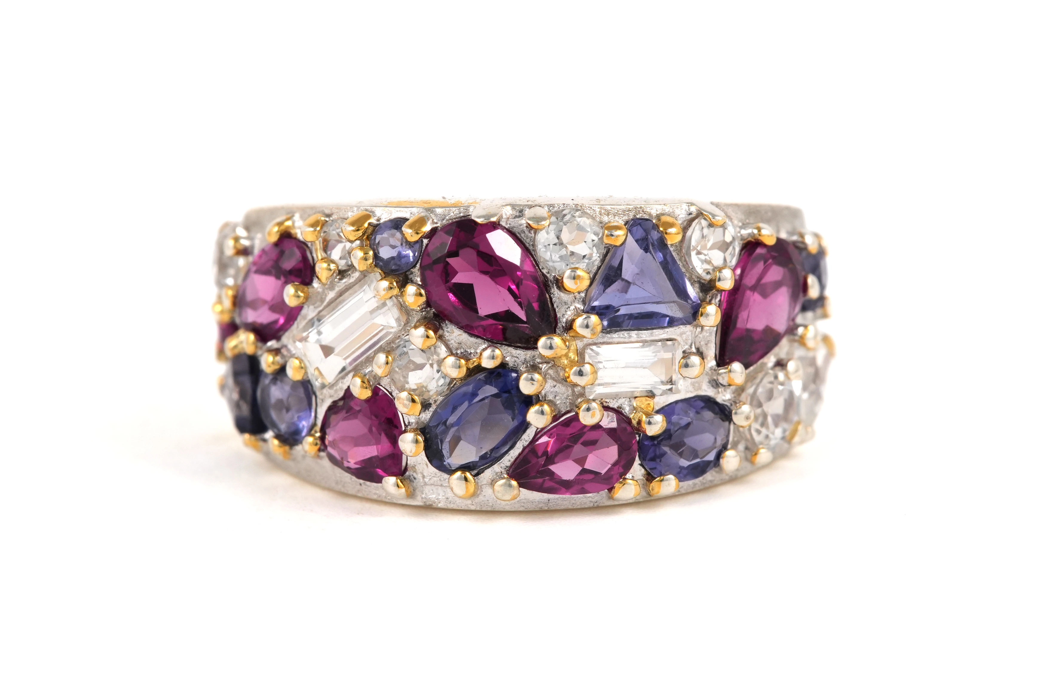 Bague contemporaine en argent 925 sertie de cordiérite, grenat et topaze - - 1