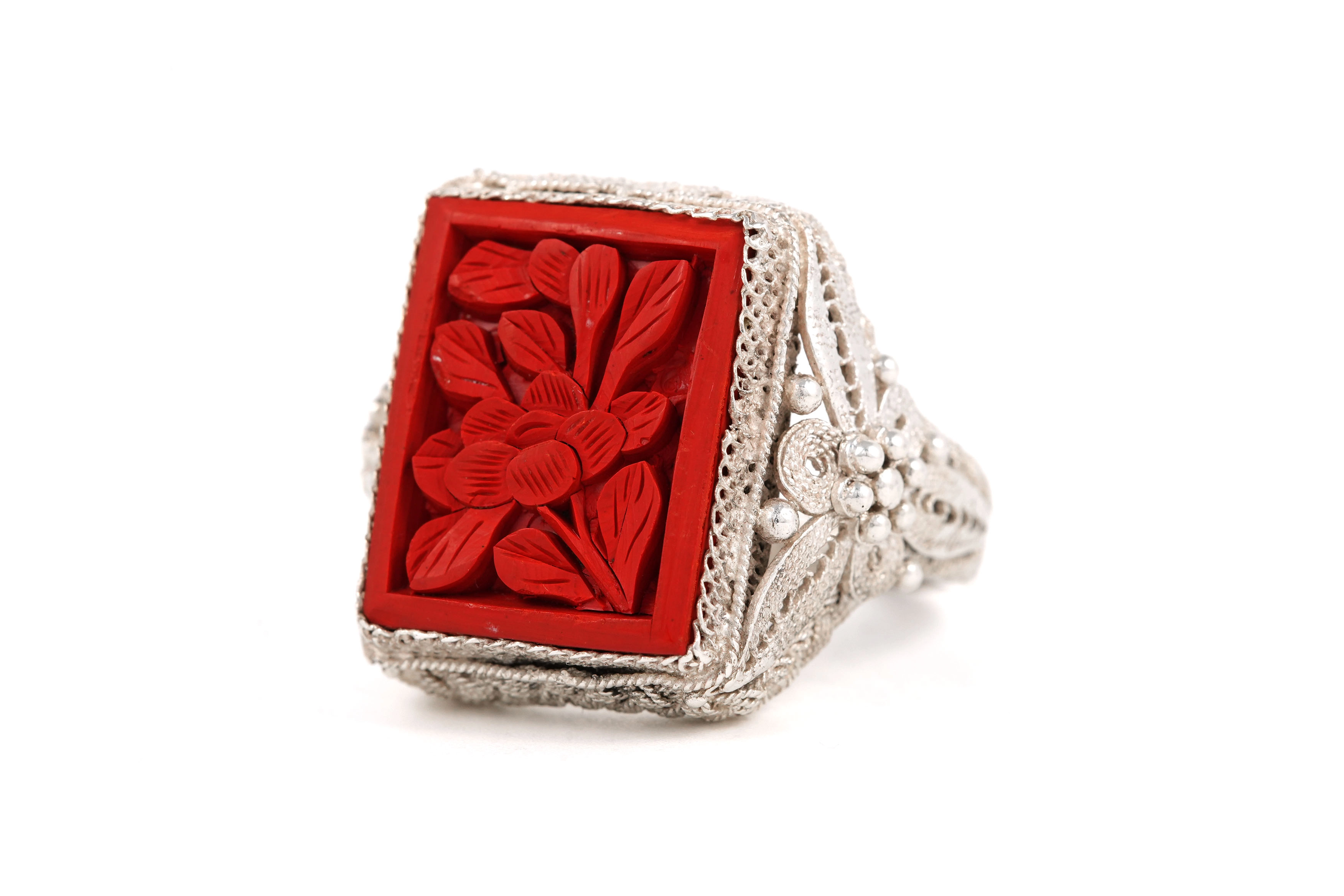 Bague Années 70 en argent 925 sertie de bois - - 2