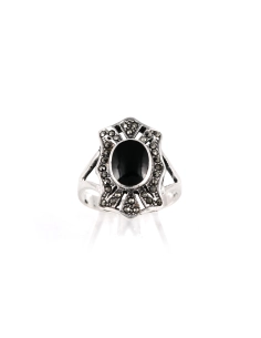 Bague contemporaine en argent 925 sertie d'une onyx et de marcassites - - 1