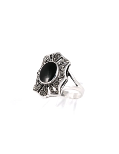 Bague contemporaine en argent 925 sertie d'une onyx et de marcassites - - 2