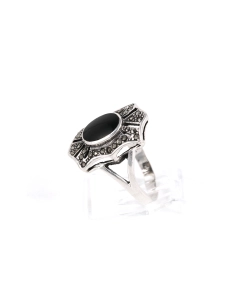 Bague contemporaine en argent 925 sertie d'une onyx et de marcassites - - 3