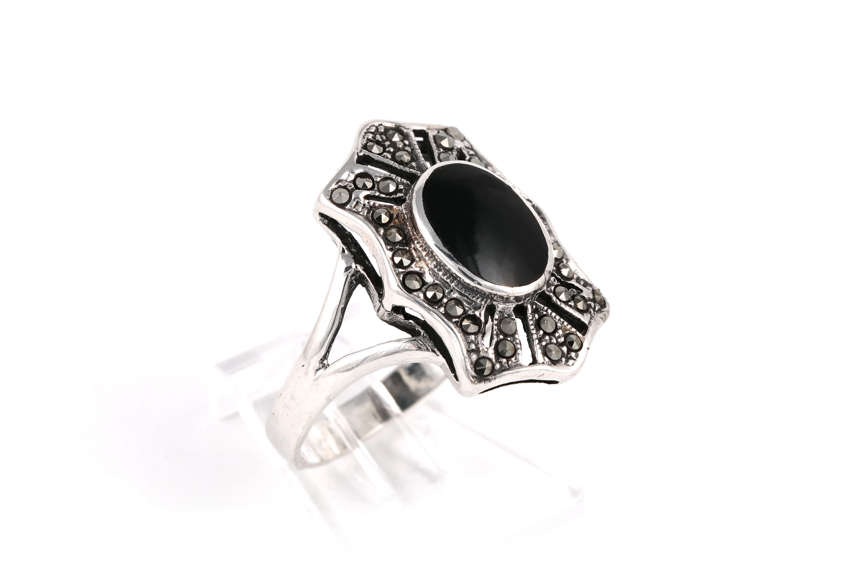 Bague contemporaine en argent 925 sertie d'une onyx et de marcassites - - 5