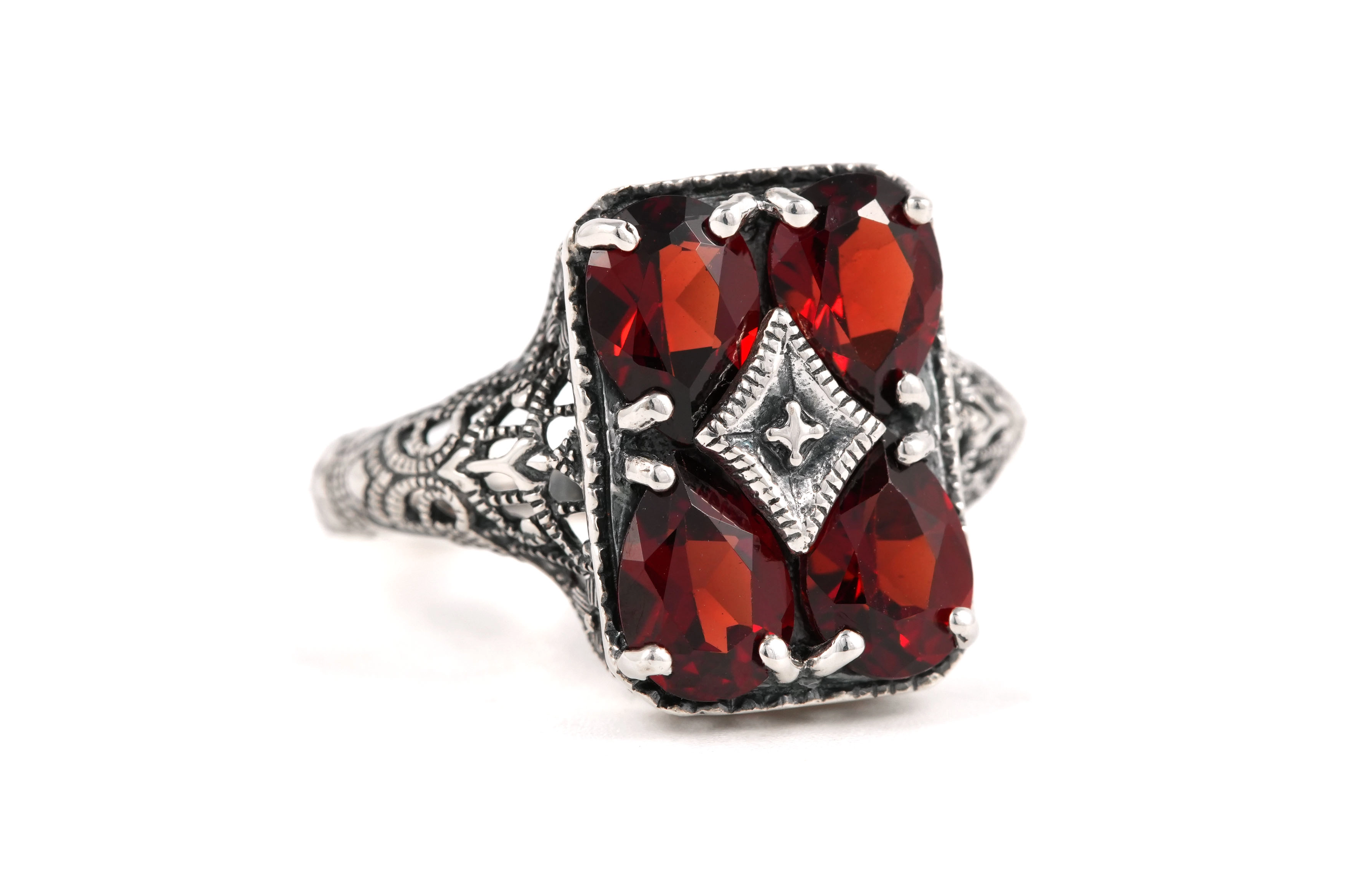 Bague contemporaine en argent 925 sertie de grenats et de marcassites - - 6