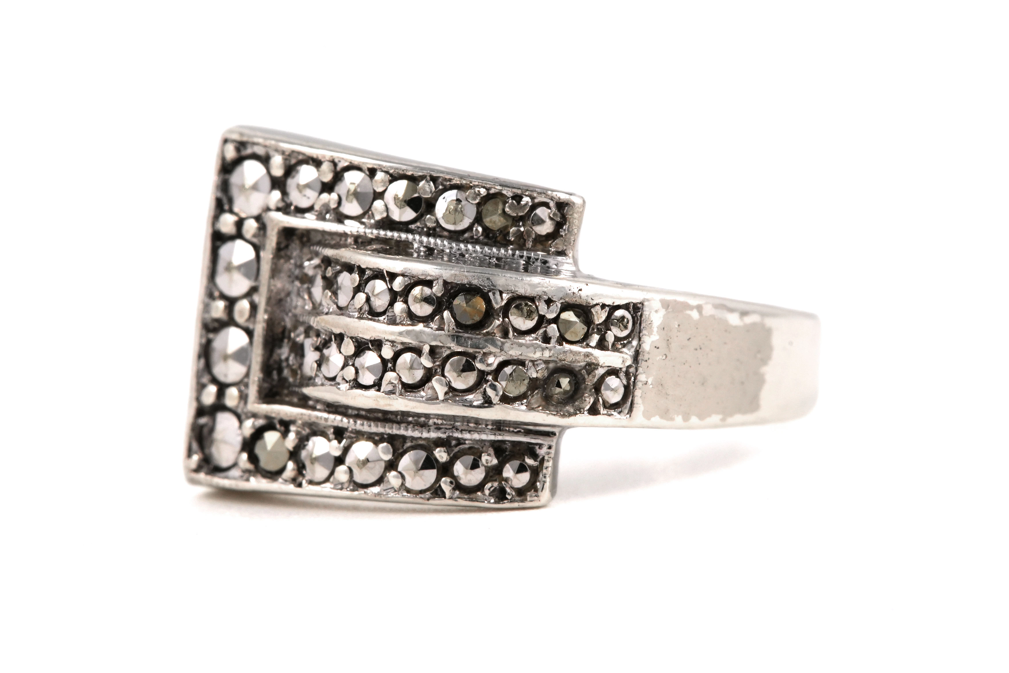 Bague Art Déco en argent sertie de marcassites - - 2