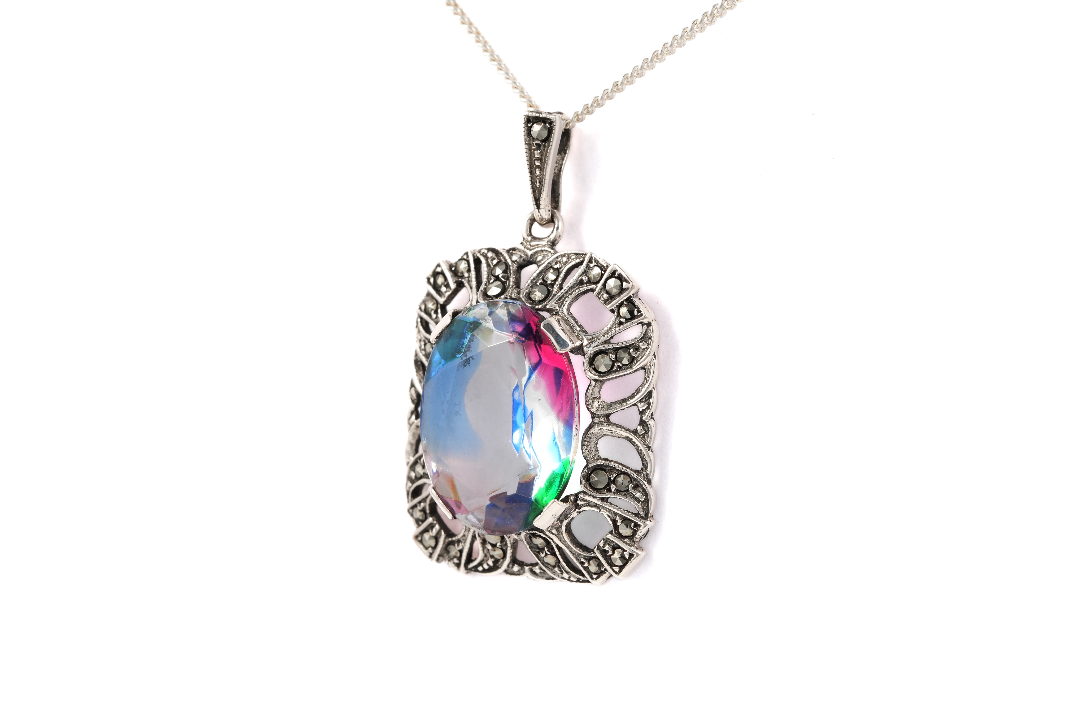 Pendentif Art Déco en argent 835 serti d'une pierre de Rhin et de marcassites - - 2