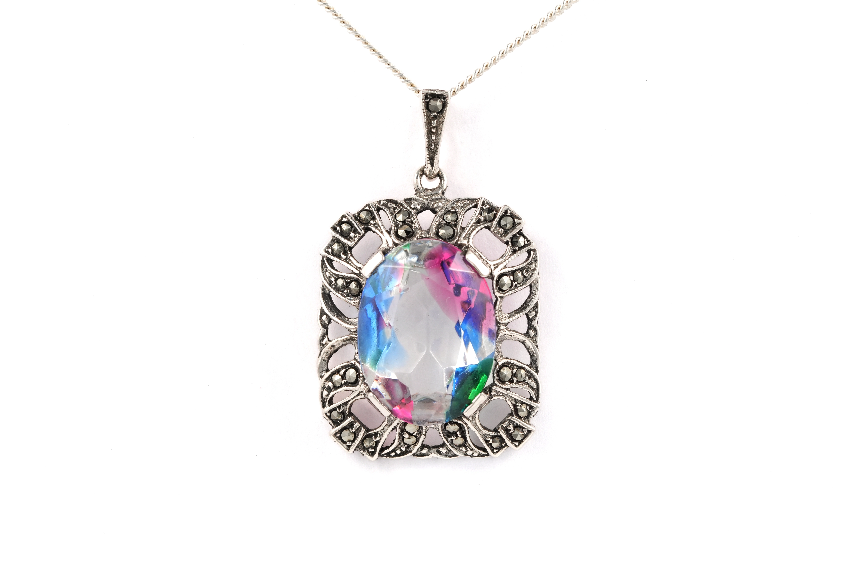 Pendentif Art Déco en argent 835 serti d'une pierre de Rhin et de marcassites - - 1