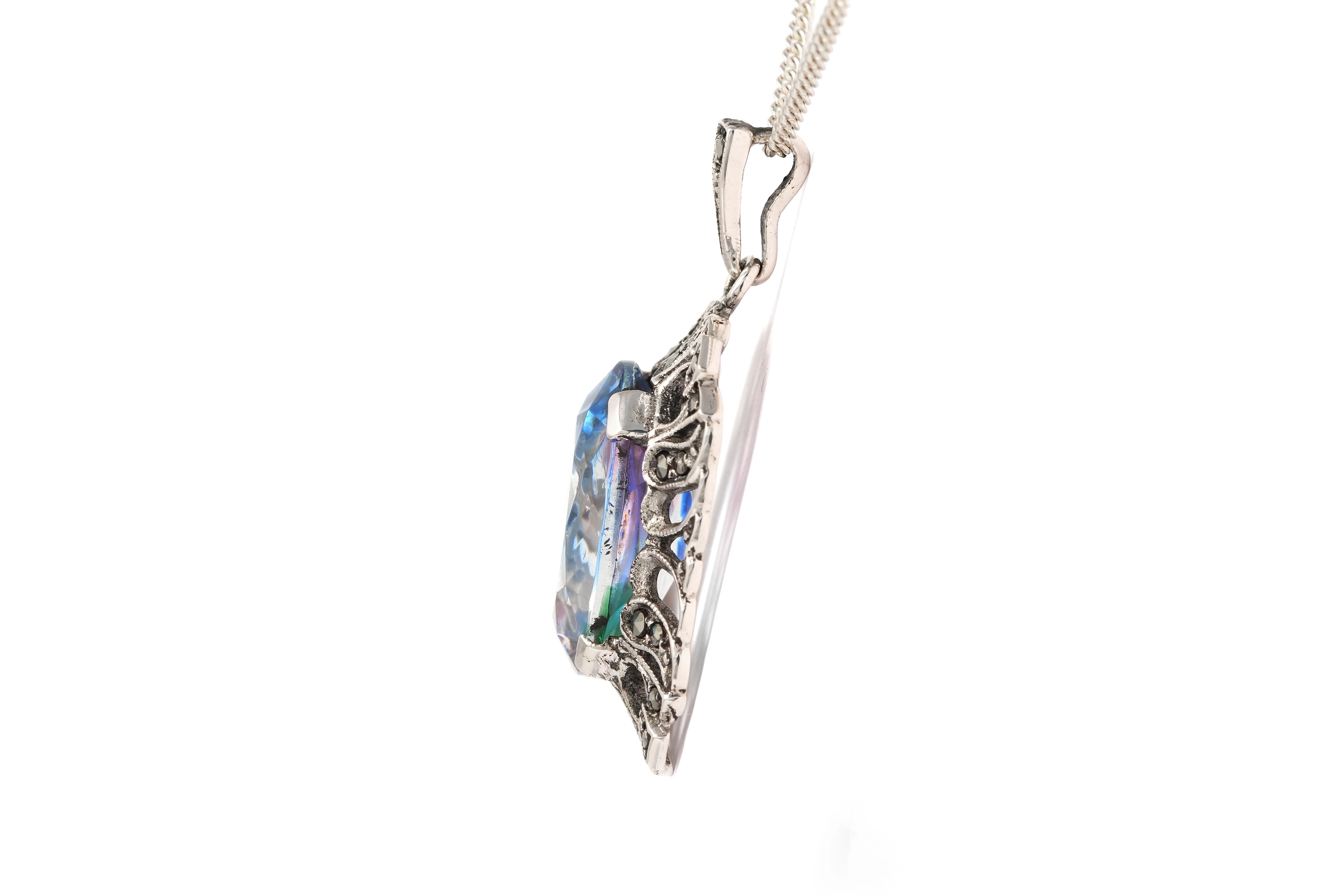 Pendentif Art Déco en argent 835 serti d'une pierre de Rhin et de marcassites - - 3