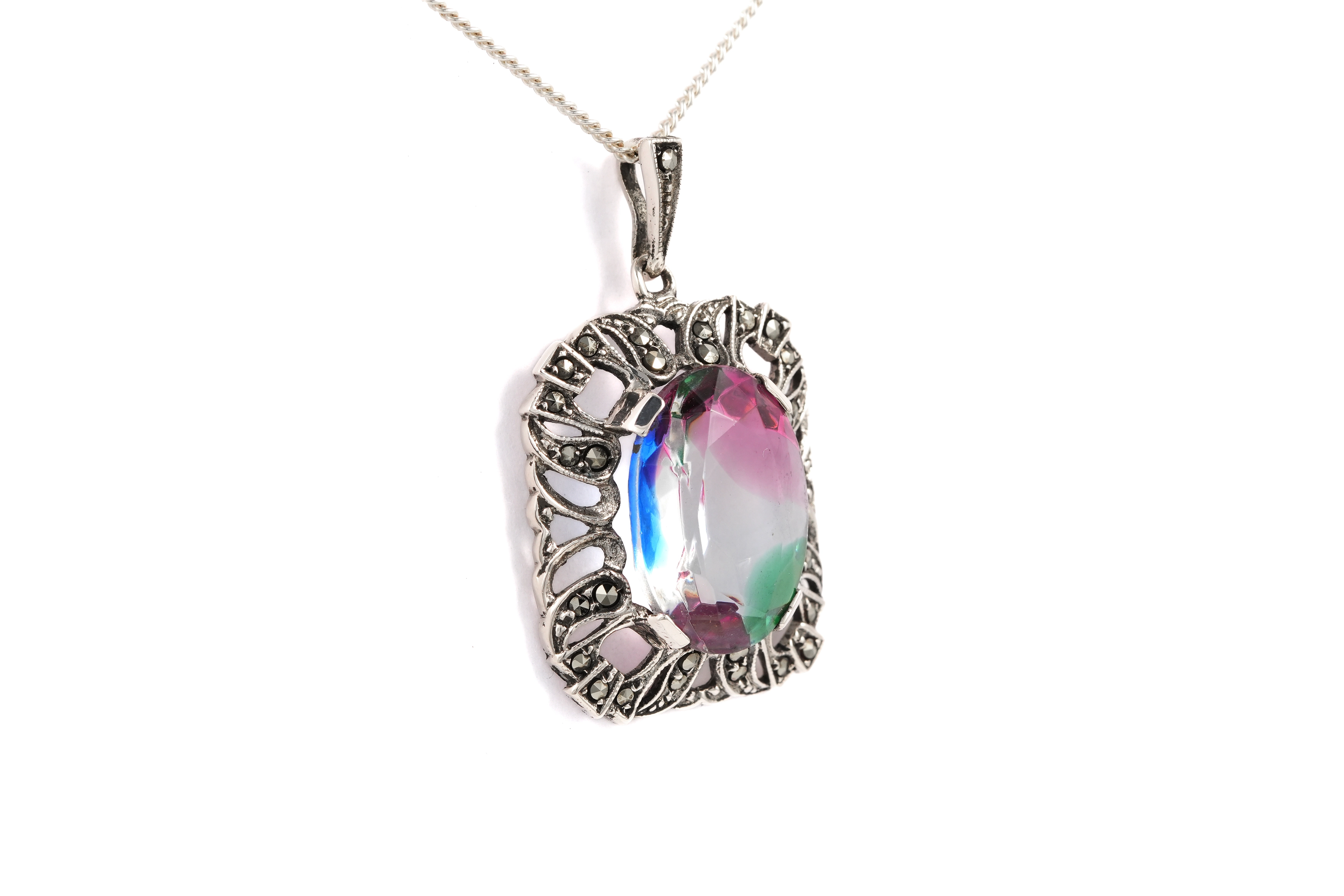 Pendentif Art Déco en argent 835 serti d'une pierre de Rhin et de marcassites - - 4